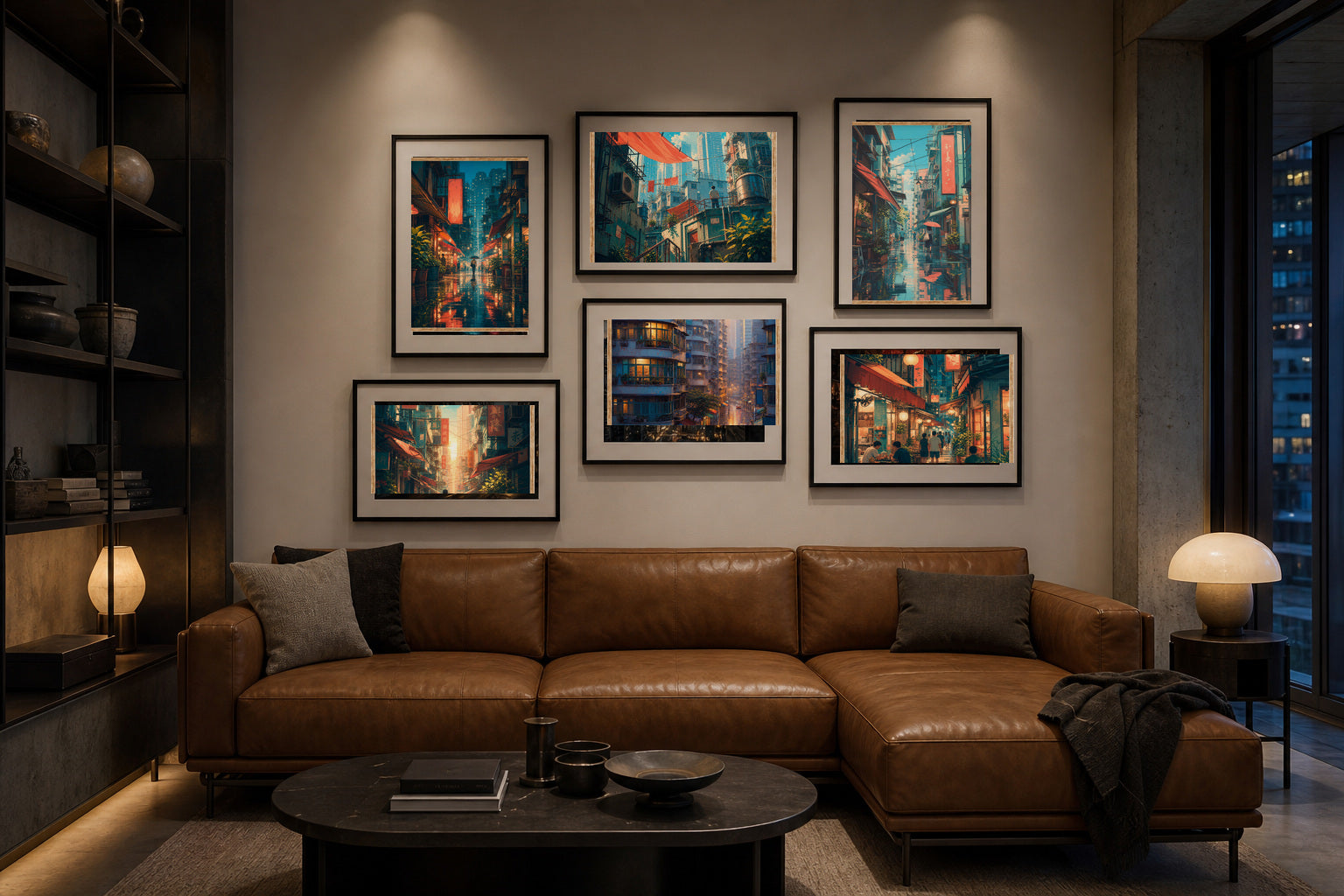 Hong Kong Apartment Nights gallery wall room mockup with framed Seji art prints