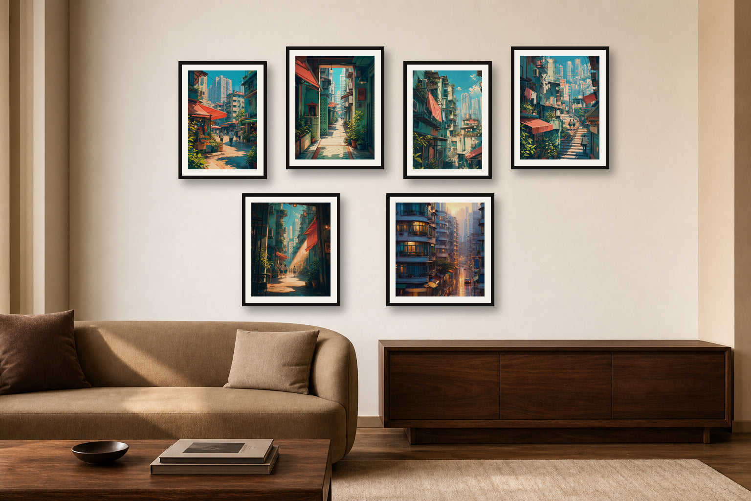 Hong Kong Daylight gallery wall room mockup with framed Seji art prints
