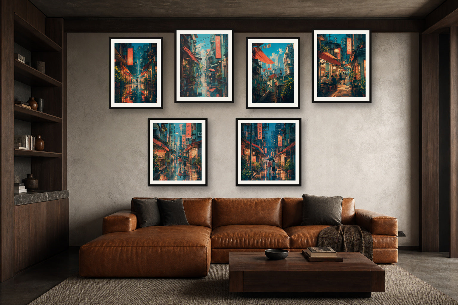 Hong Kong Rain Glass gallery wall room mockup with framed Seji art prints