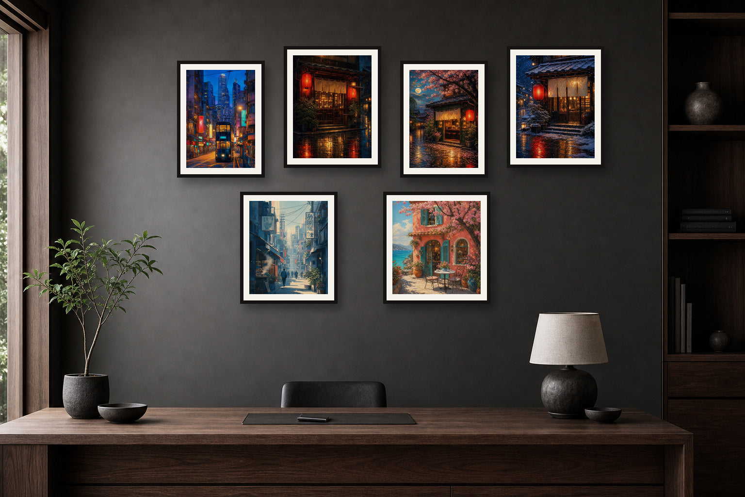 Japan Blue Hour Office gallery wall room mockup with framed Seji art prints