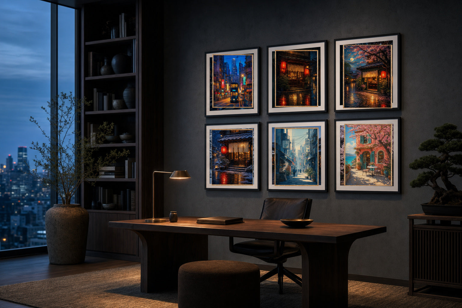 Japan Blue Hour Office gallery wall room mockup with framed Seji art prints