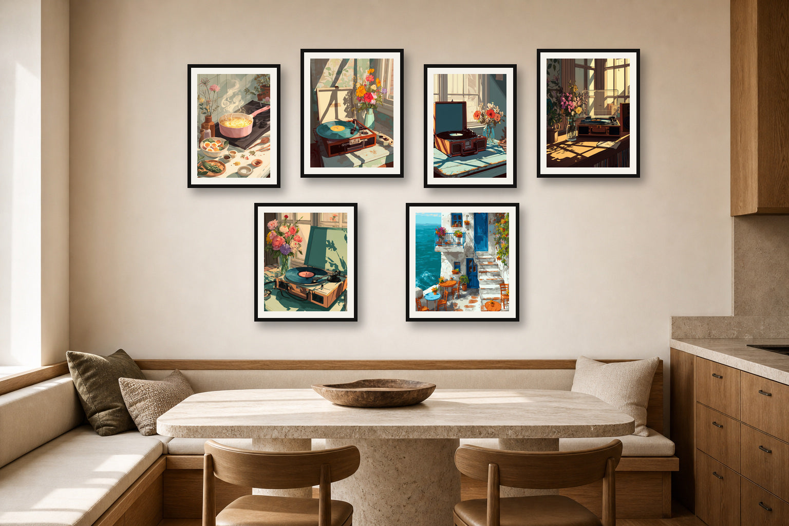 Kitchen Sunlight gallery wall room mockup with framed Seji art prints
