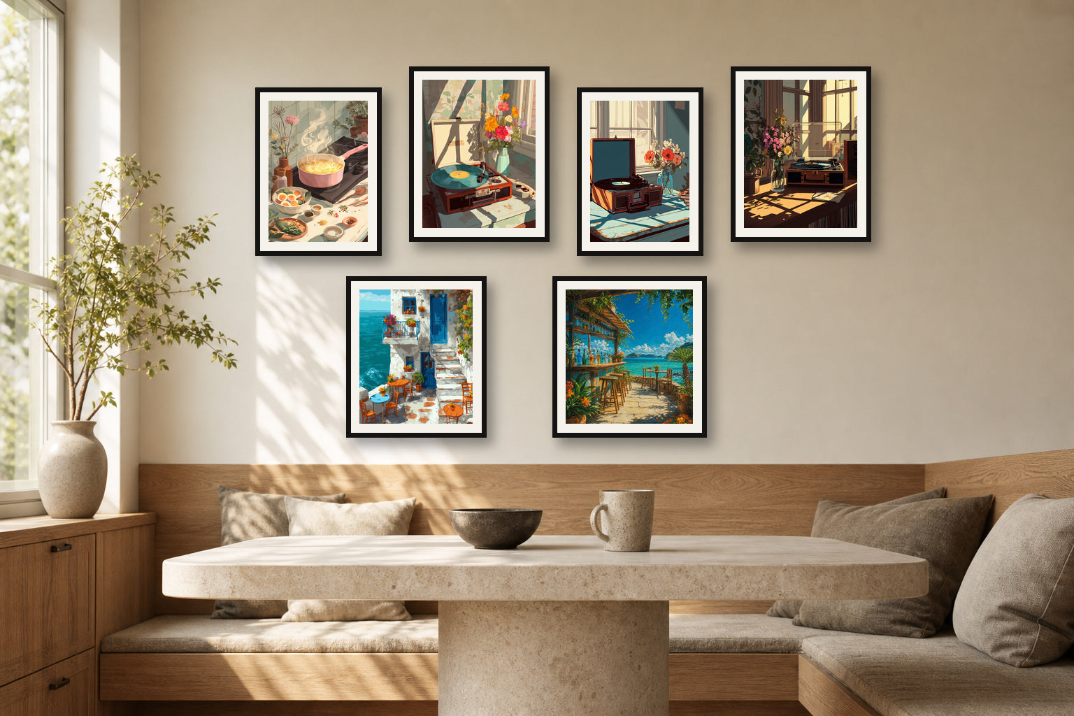 Kitchen Vinyl Sunlight gallery wall room mockup with framed Seji art prints
