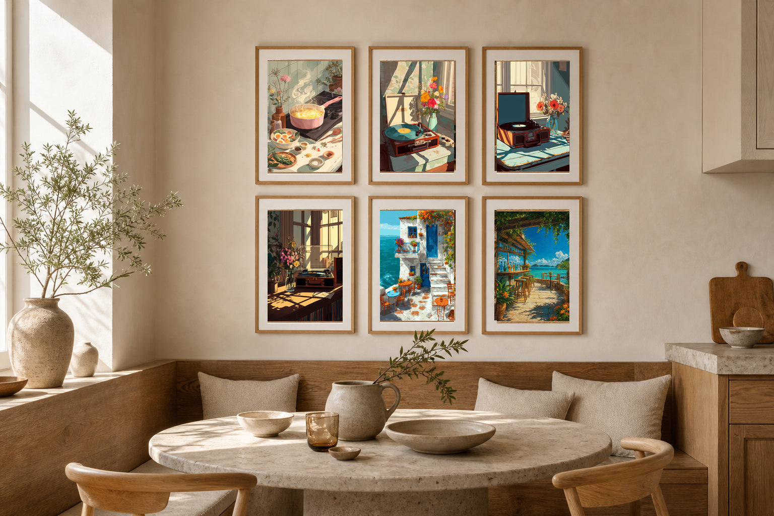Kitchen Vinyl Sunlight gallery wall room mockup with framed Seji art prints