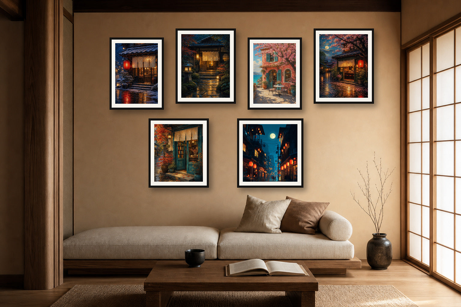 Kyoto Lantern Seasons gallery wall room mockup with framed Seji art prints