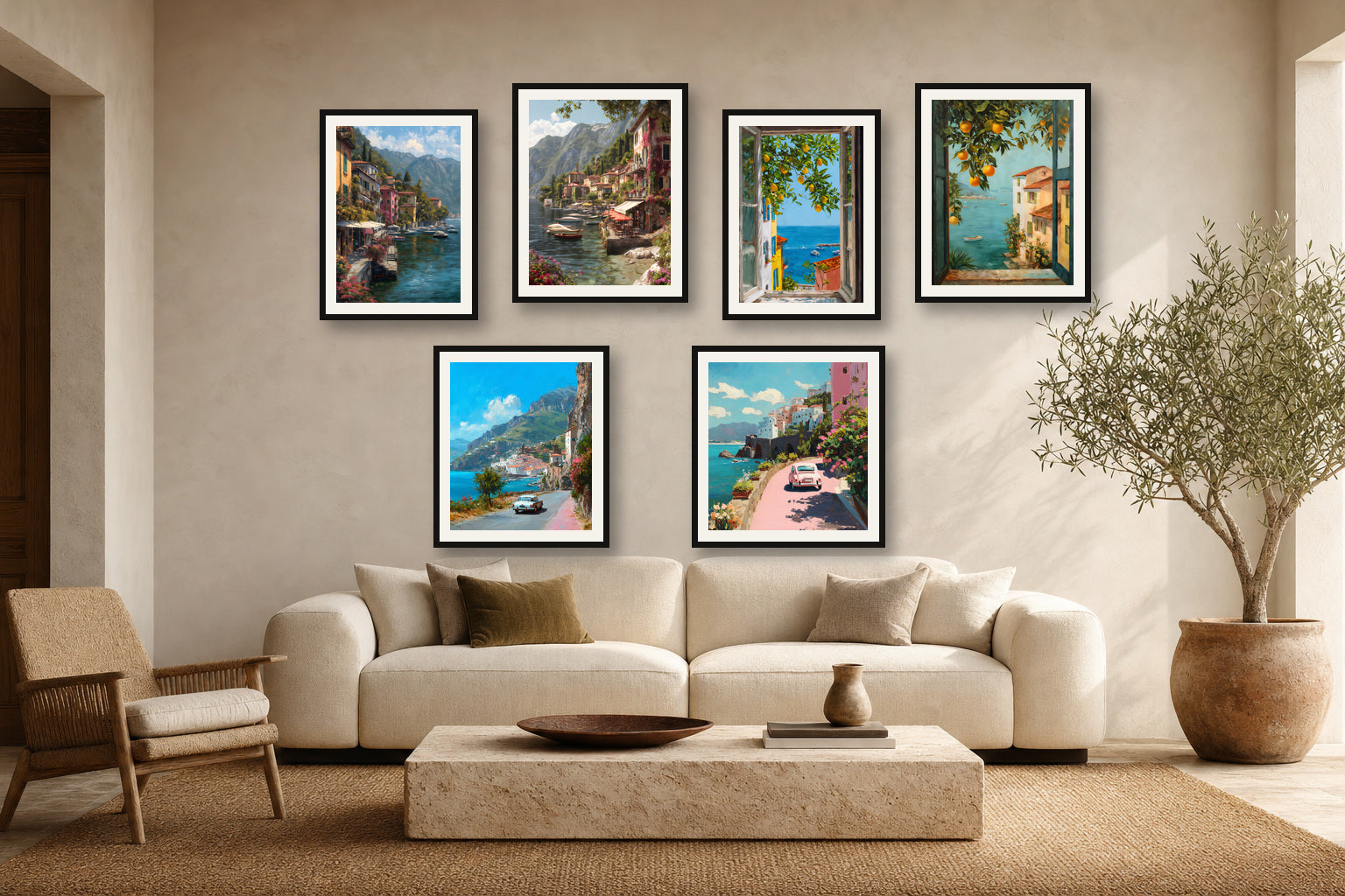 Mediterranean Daydreams gallery wall room mockup with framed Seji art prints