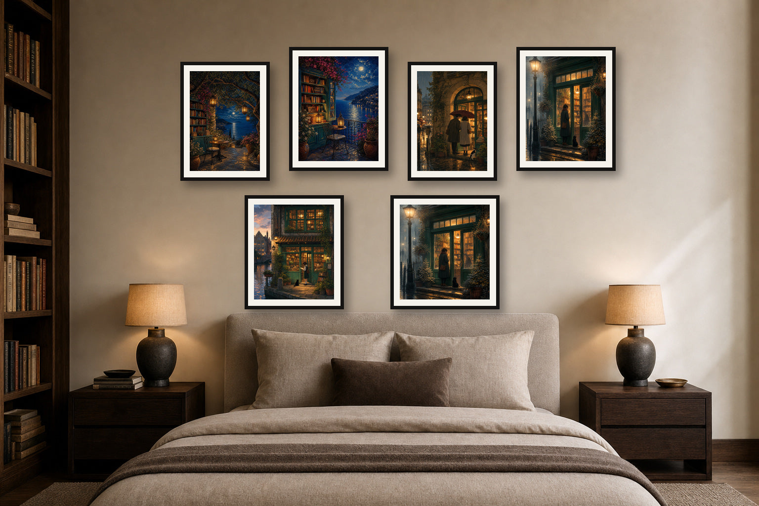 Midnight Bookshop Club gallery wall room mockup with framed Seji art prints