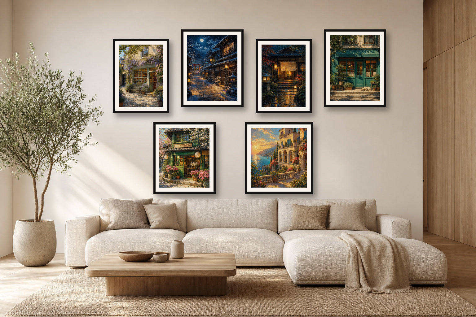 Mountain Garden Light gallery wall room mockup with framed Seji art prints