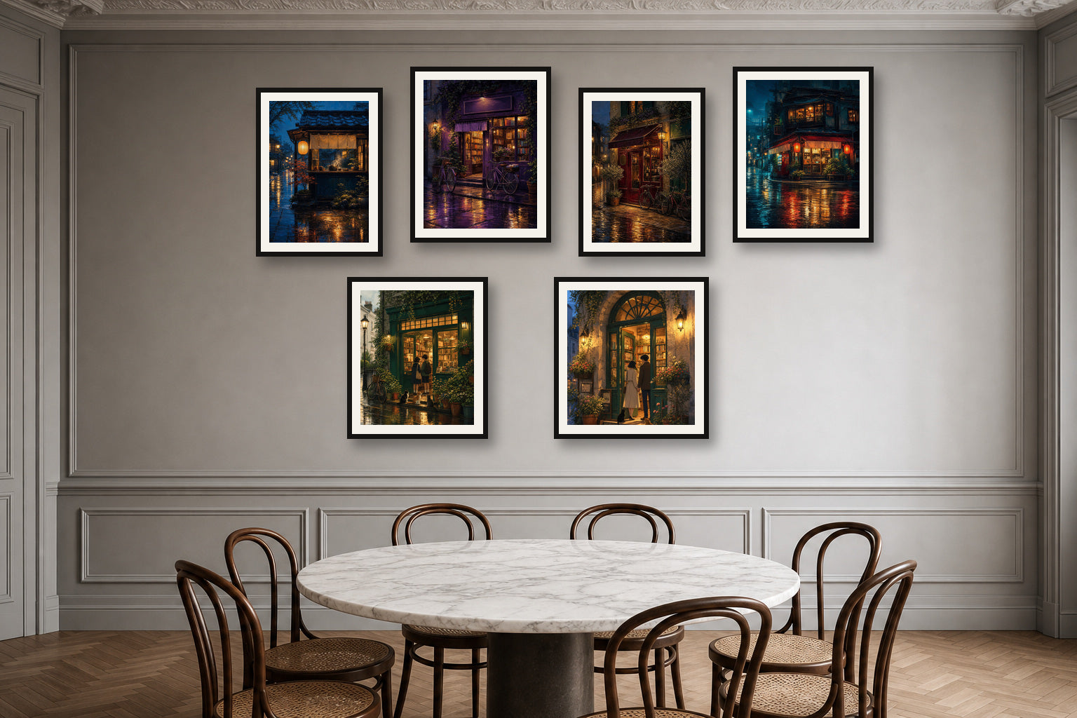 Paris Cafe Rain gallery wall room mockup with framed Seji art prints