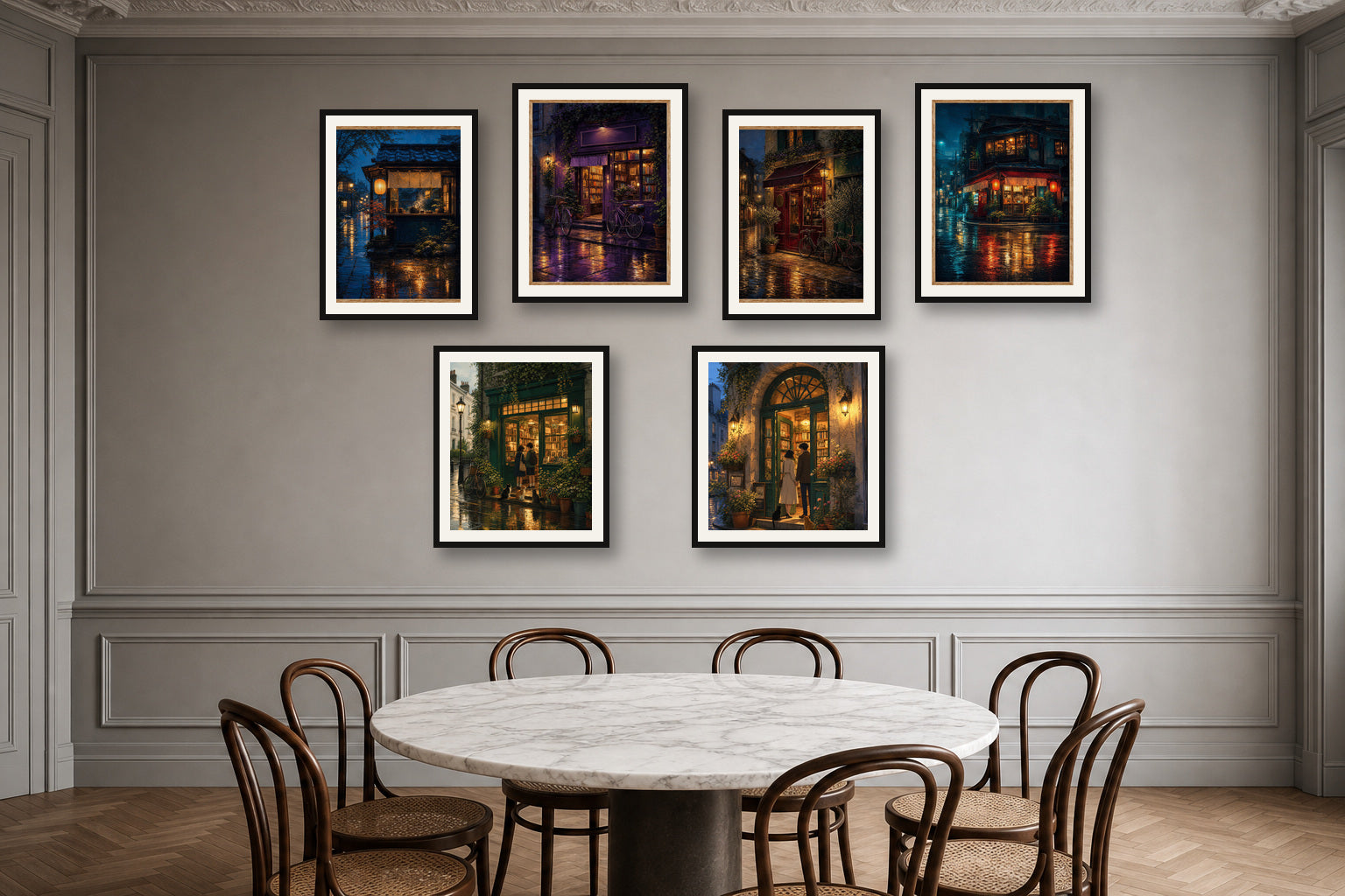 Paris Cafe Rain gallery wall room mockup with framed Seji art prints