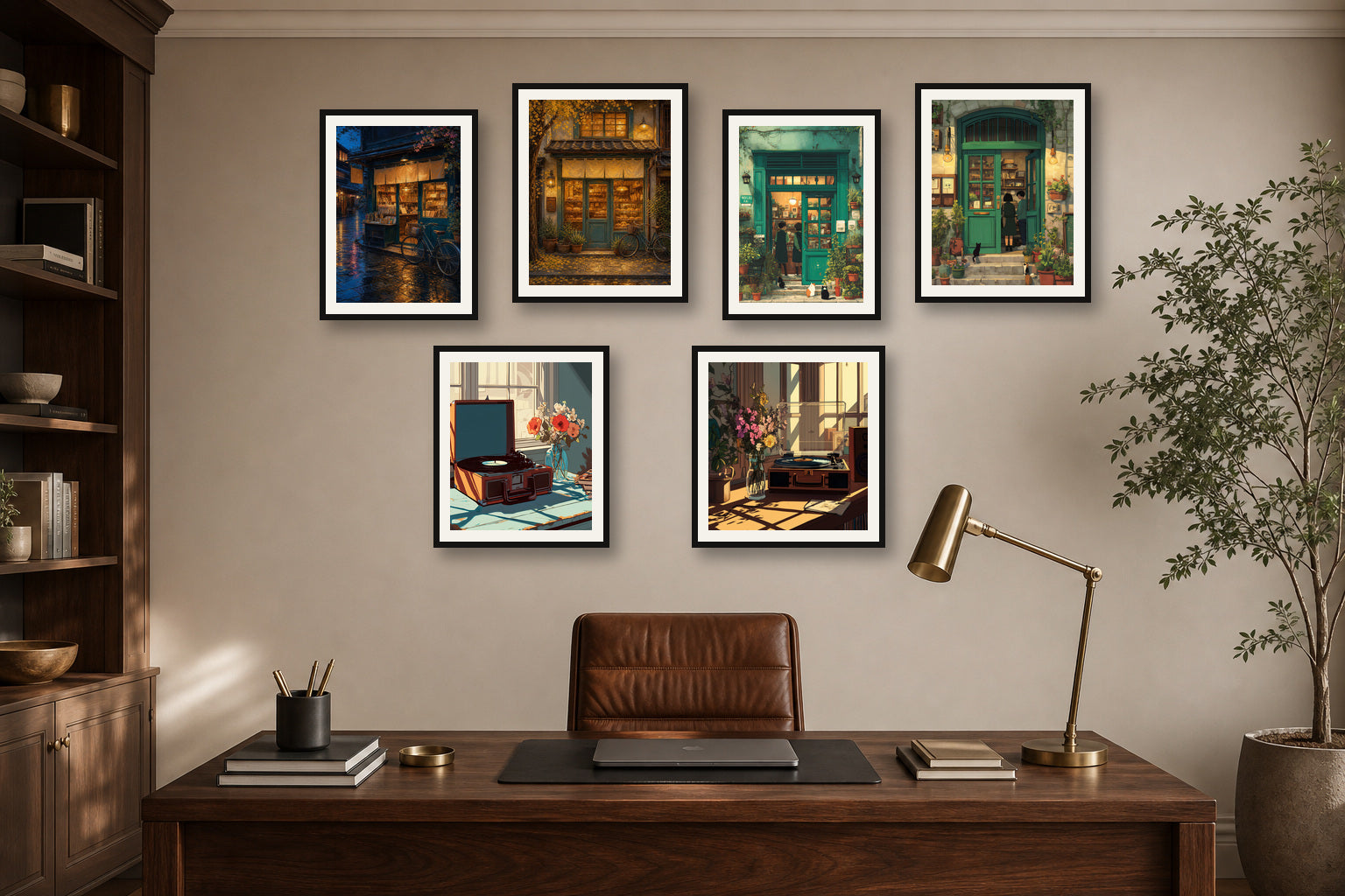 Quiet Desk Light gallery wall room mockup with framed Seji art prints