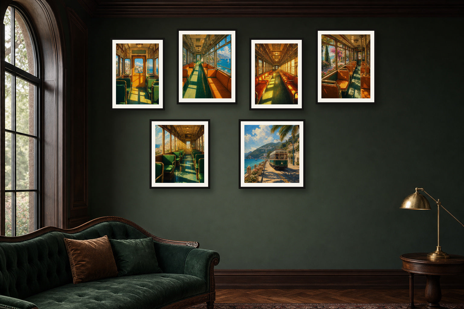 Railway Reading Room gallery wall room mockup with framed Seji art prints