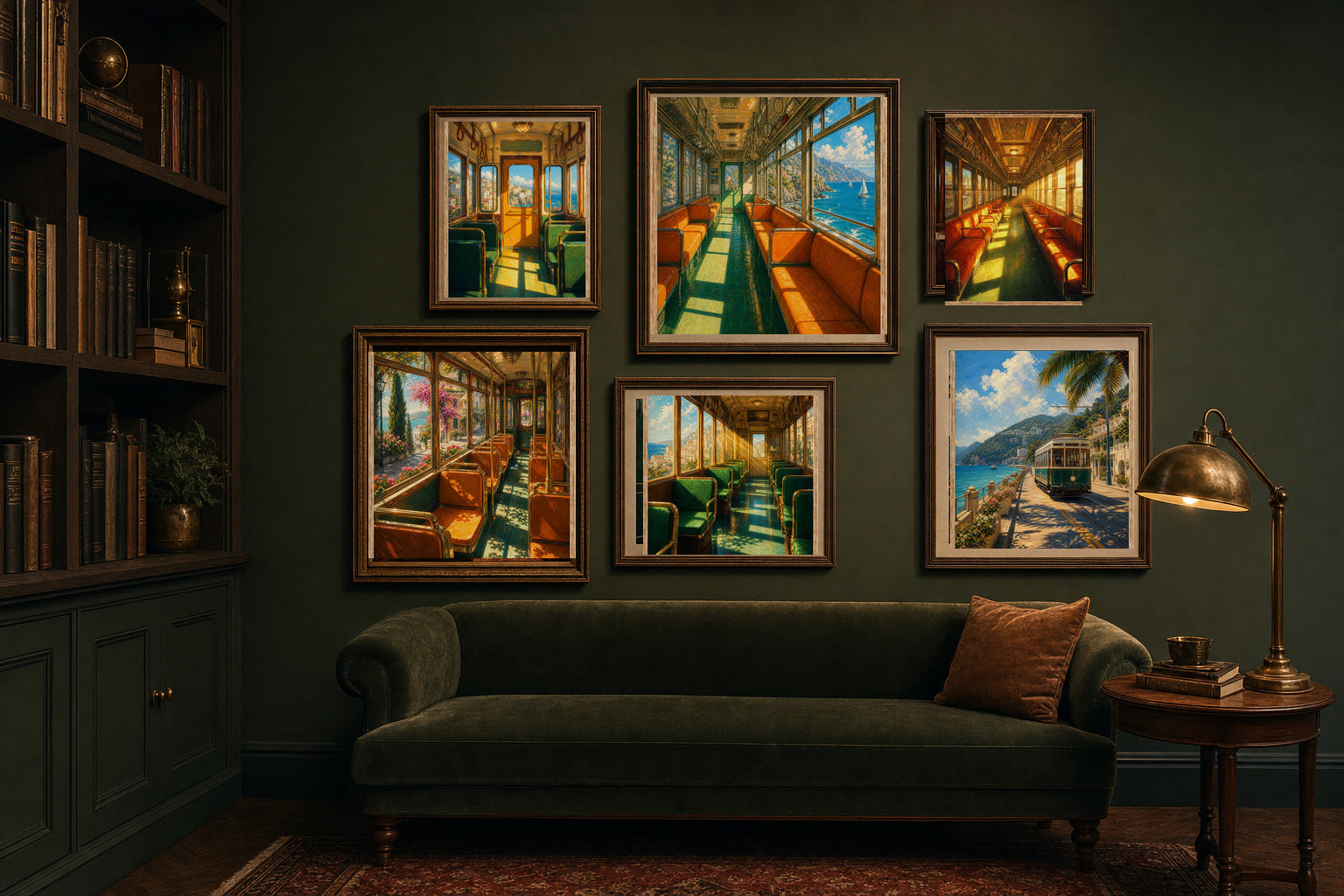 Railway Reading Room gallery wall room mockup with framed Seji art prints