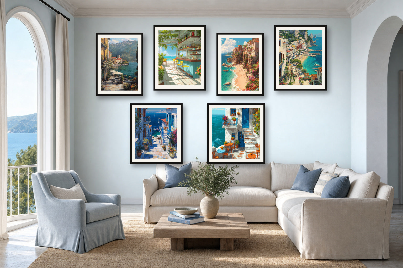 Riviera Light gallery wall room mockup with framed Seji art prints