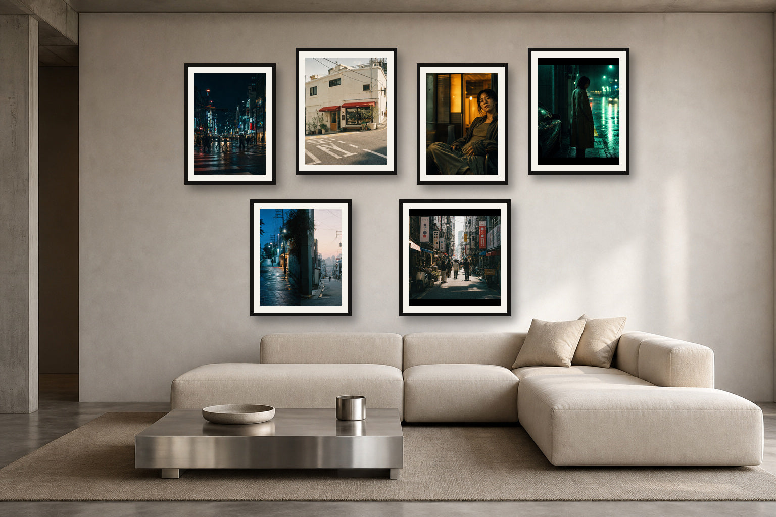 Seoul Cinema Apartment gallery wall room mockup with framed Seji art prints