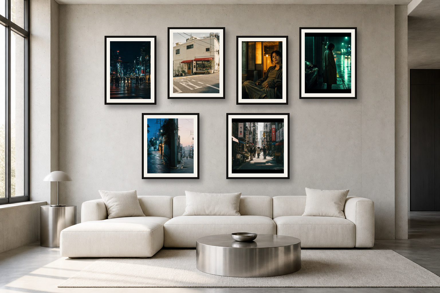 Seoul Cinema Loft gallery wall room mockup with framed Seji art prints