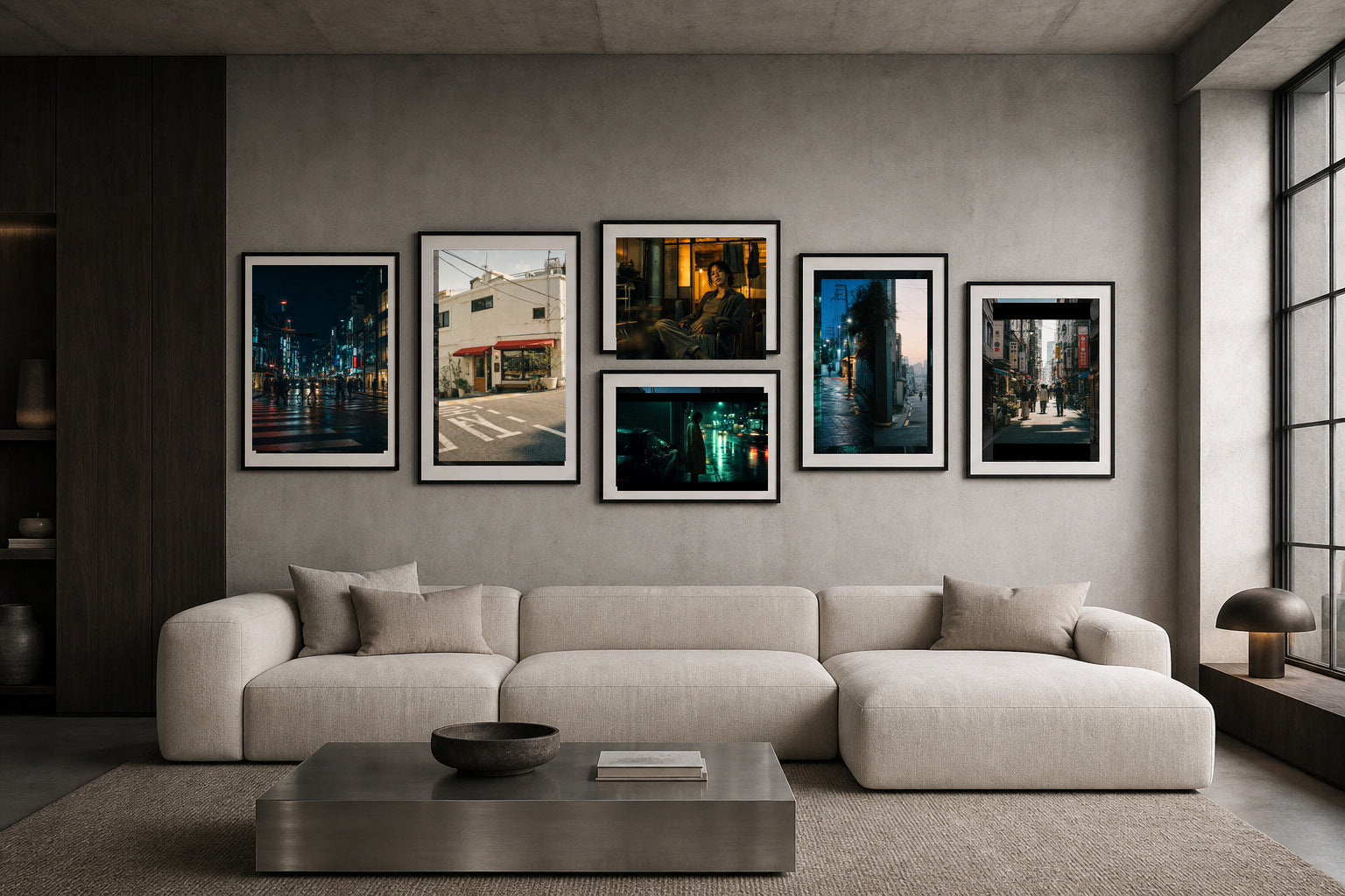 Seoul Cinema Loft gallery wall room mockup with framed Seji art prints