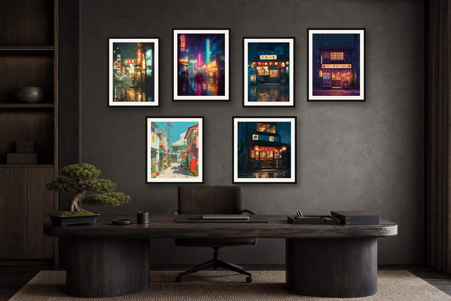 Tokyo After Dark gallery wall room mockup with framed Seji art prints