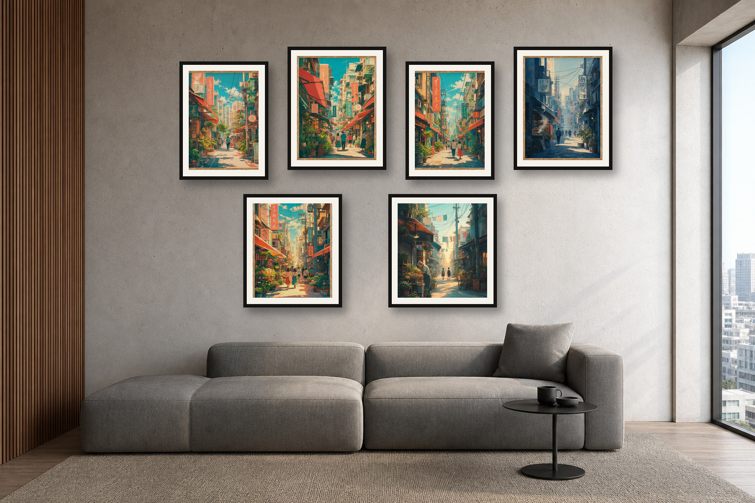 Tokyo Morning Streets gallery wall room mockup with framed Seji art prints