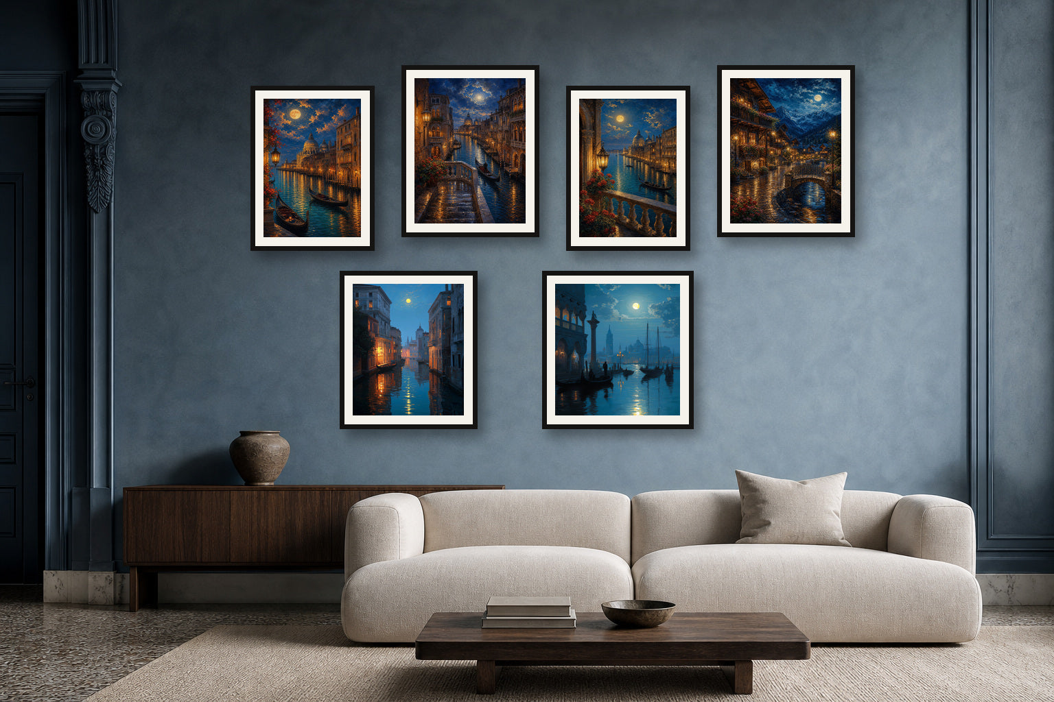 Venice Moonlit Canals gallery wall room mockup with framed Seji art prints