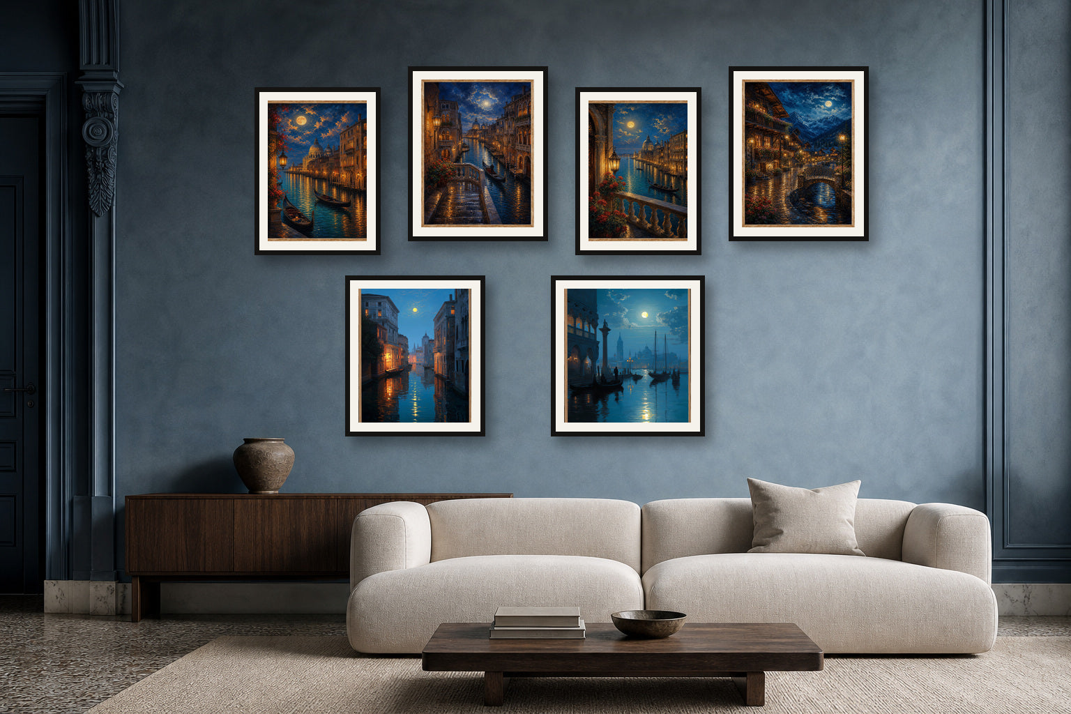 Venice Moonlit Canals gallery wall room mockup with framed Seji art prints