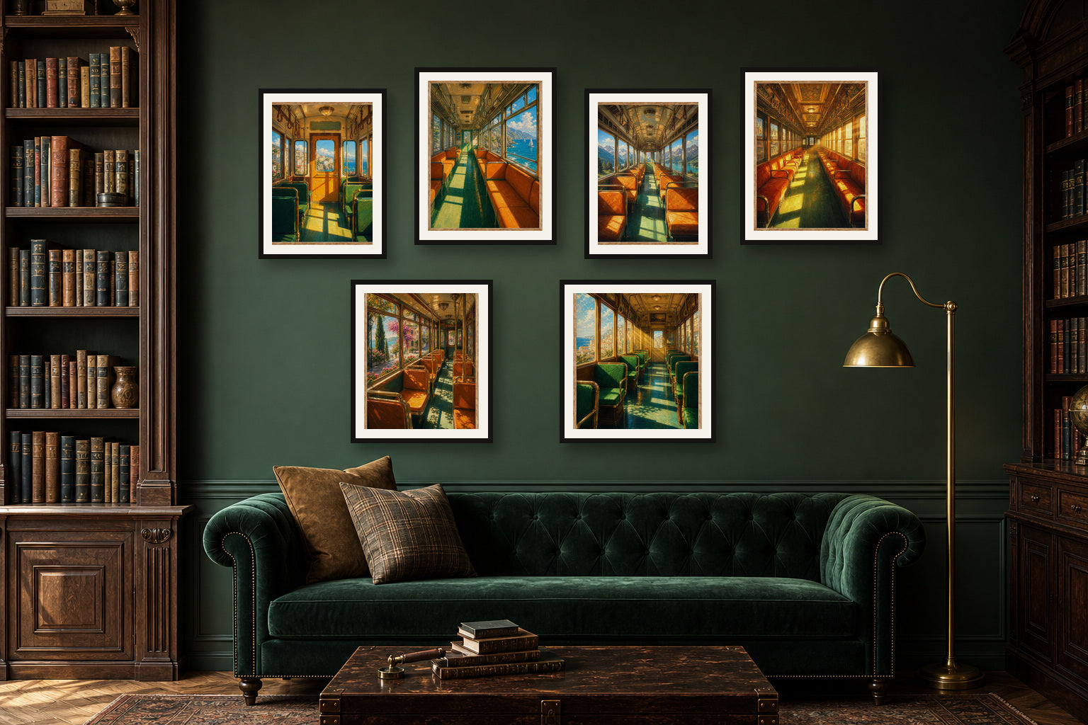 Vintage Railway Journey gallery wall room mockup with framed Seji art prints