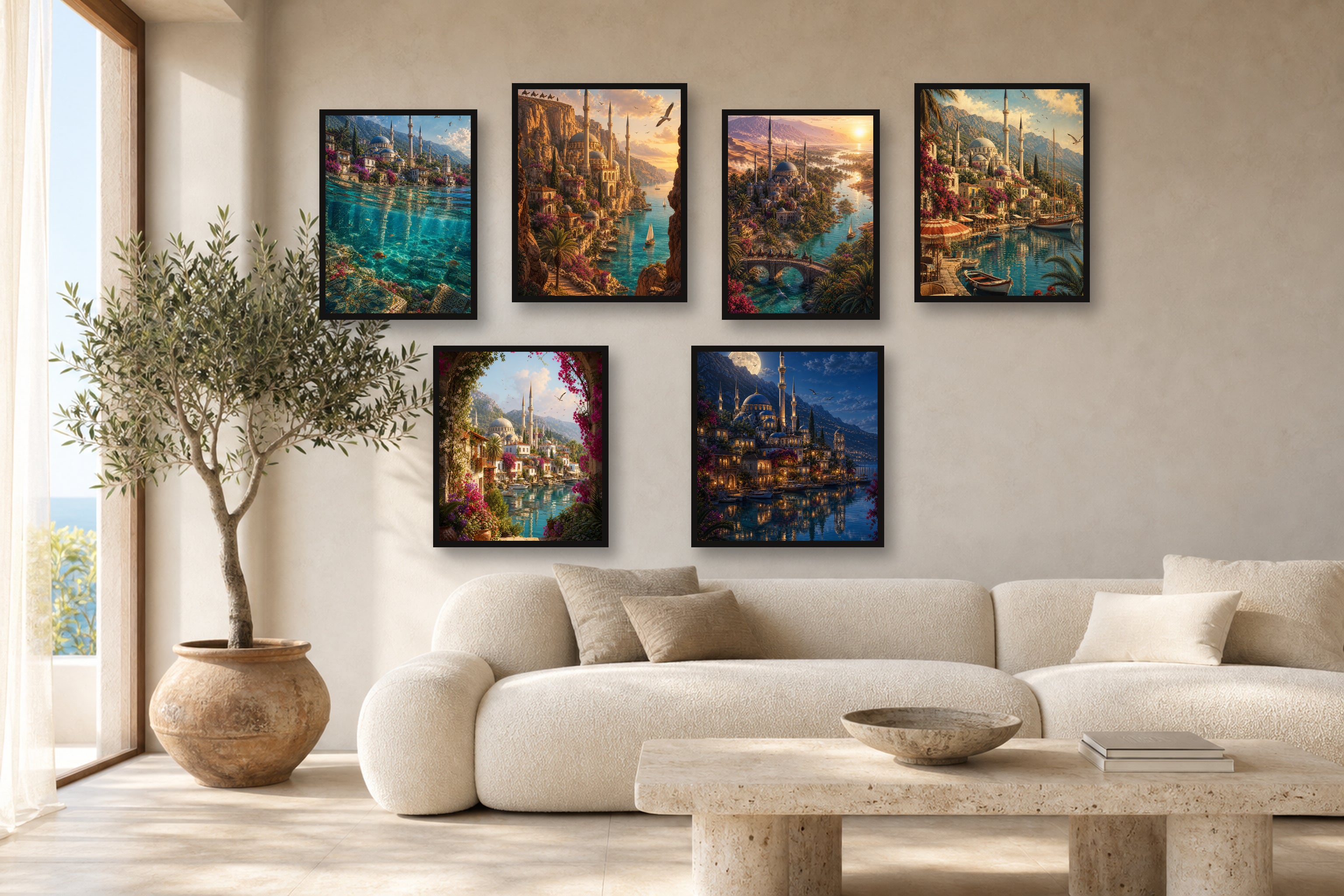 Aegean Sun gallery wall room mockup with framed Seji art prints