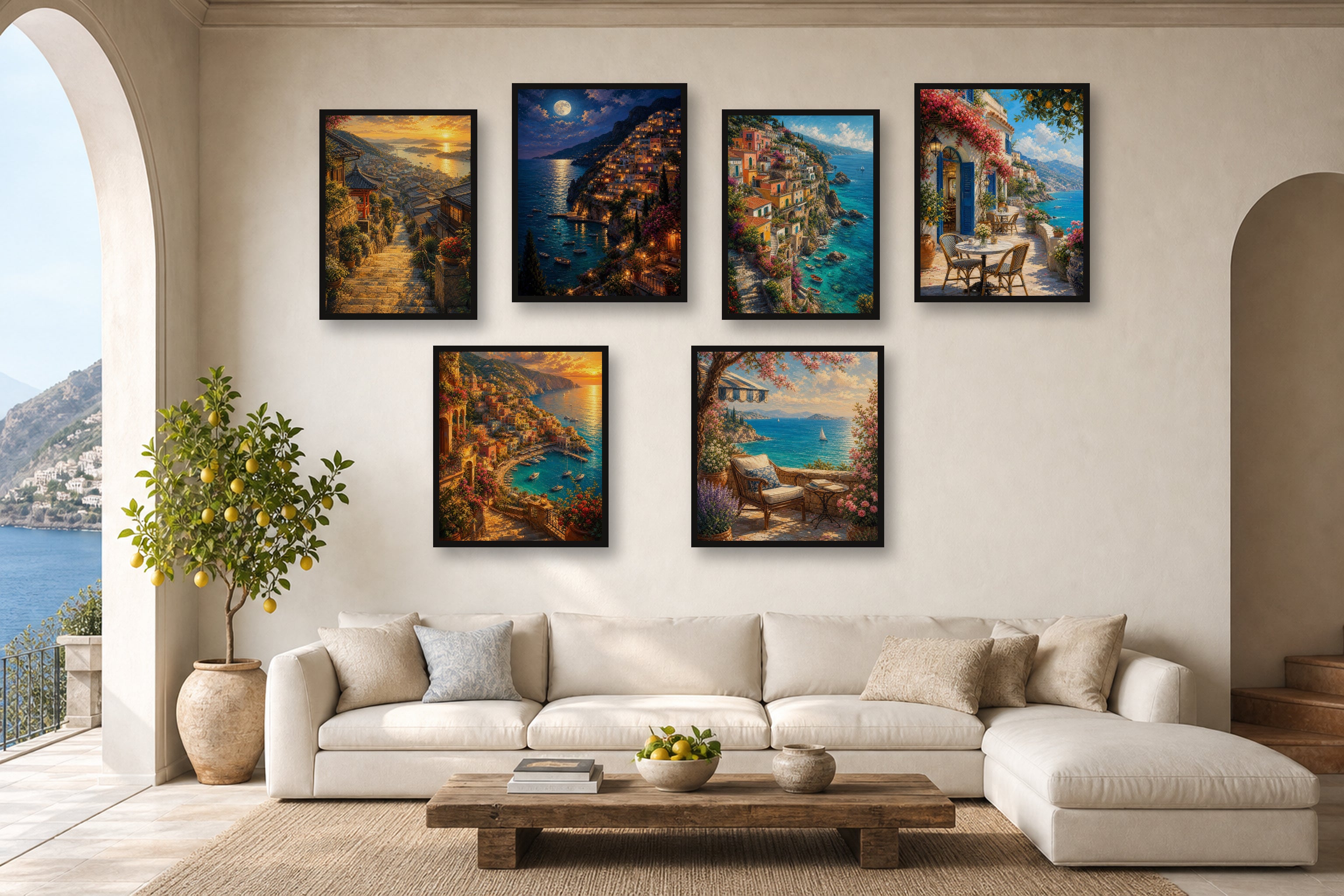 Amalfi Golden Hour gallery wall room mockup with framed Seji art prints
