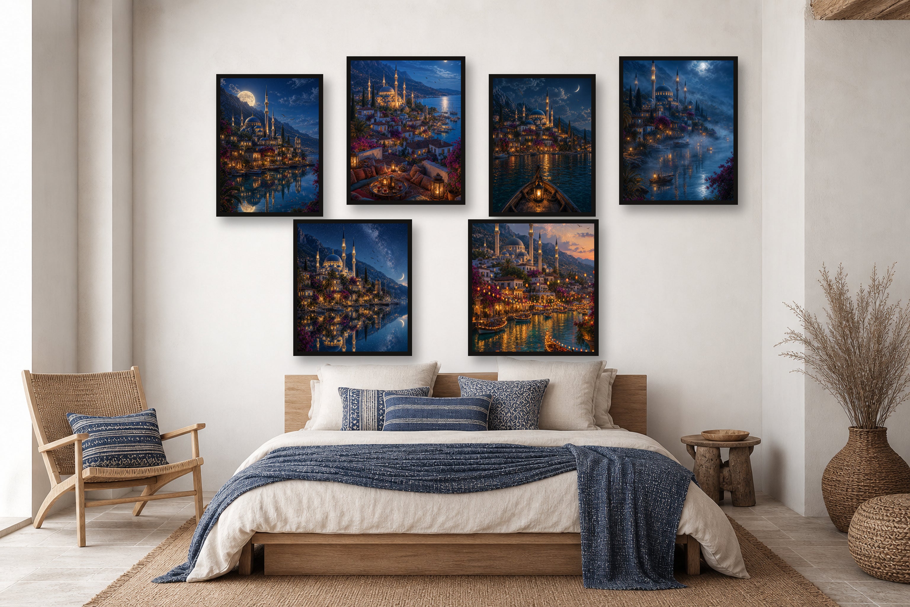 Bodrum After Dark gallery wall room mockup with framed Seji art prints