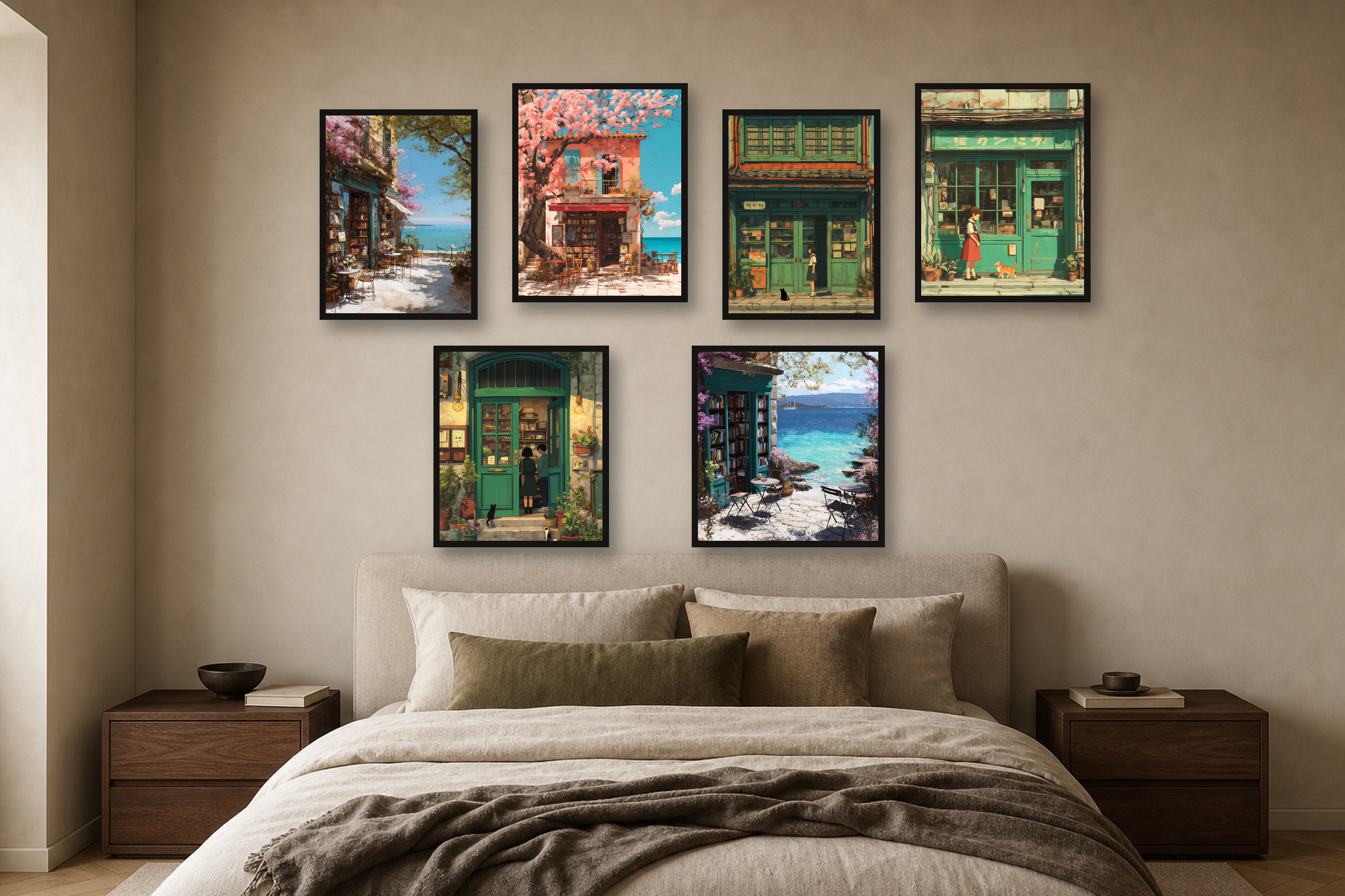 Bookshop Afternoon gallery wall room mockup with framed Seji art prints