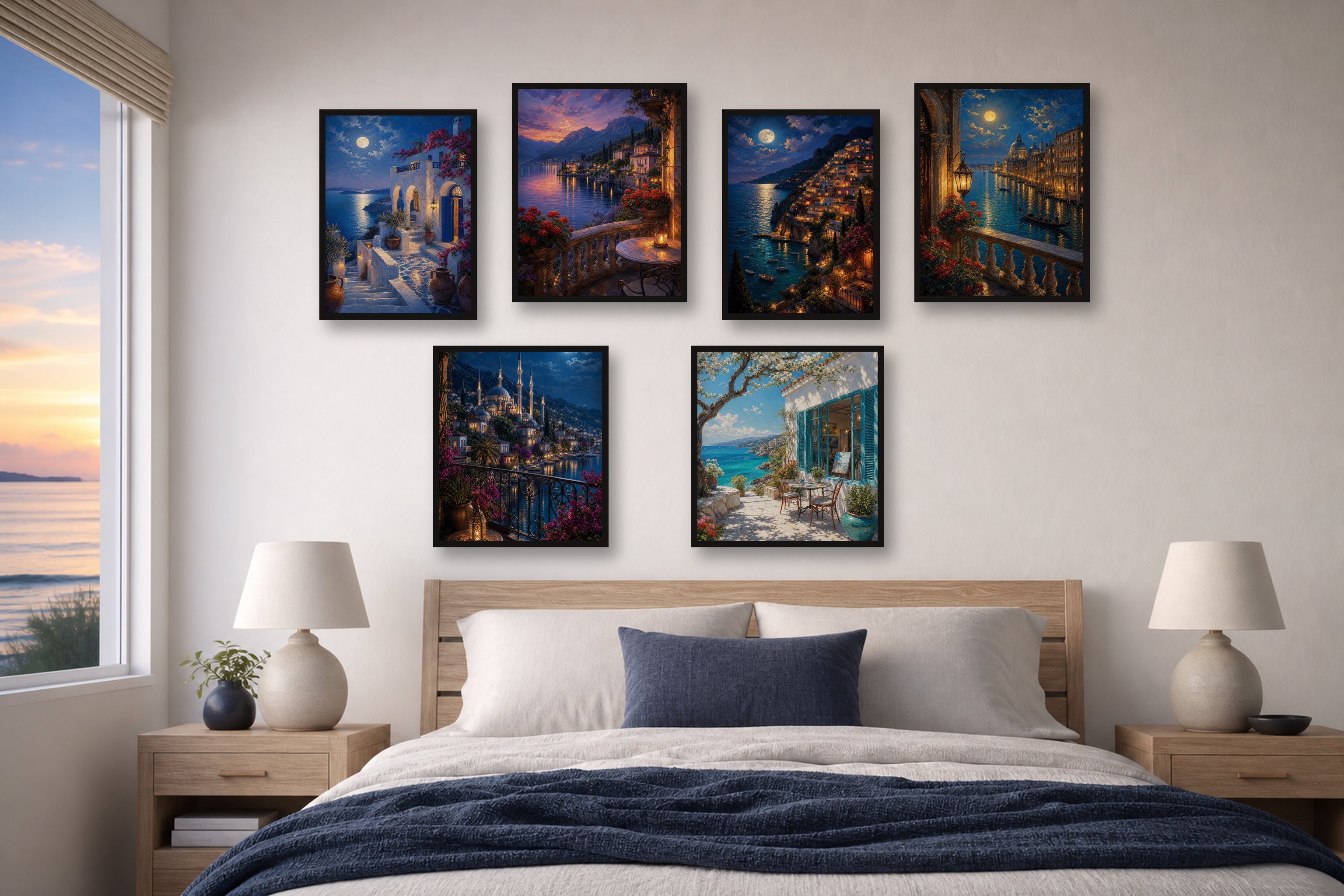 Coastal Blue Hour Bedroom gallery wall room mockup with framed Seji art prints