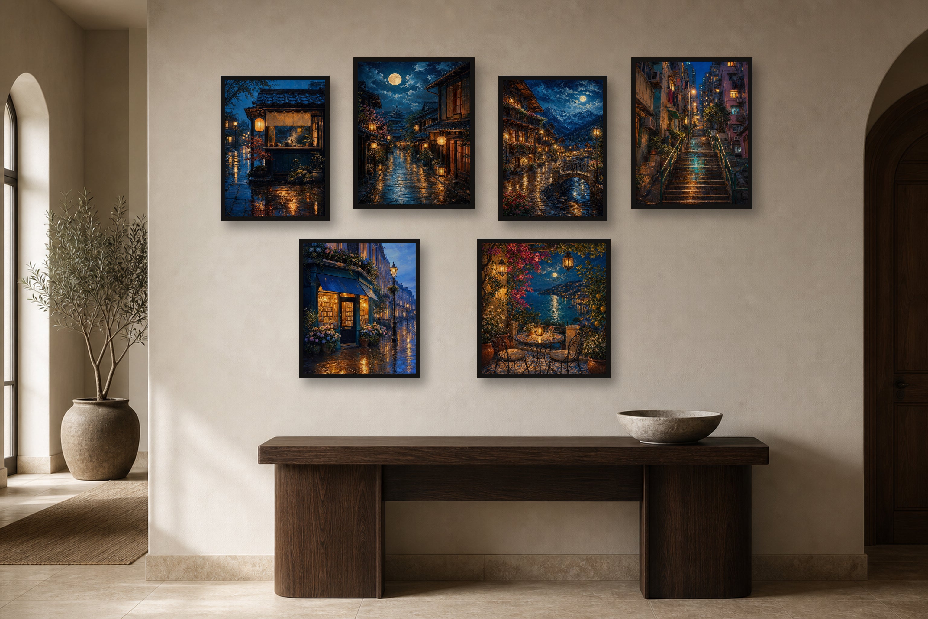 Europe After Rain gallery wall room mockup with framed Seji art prints