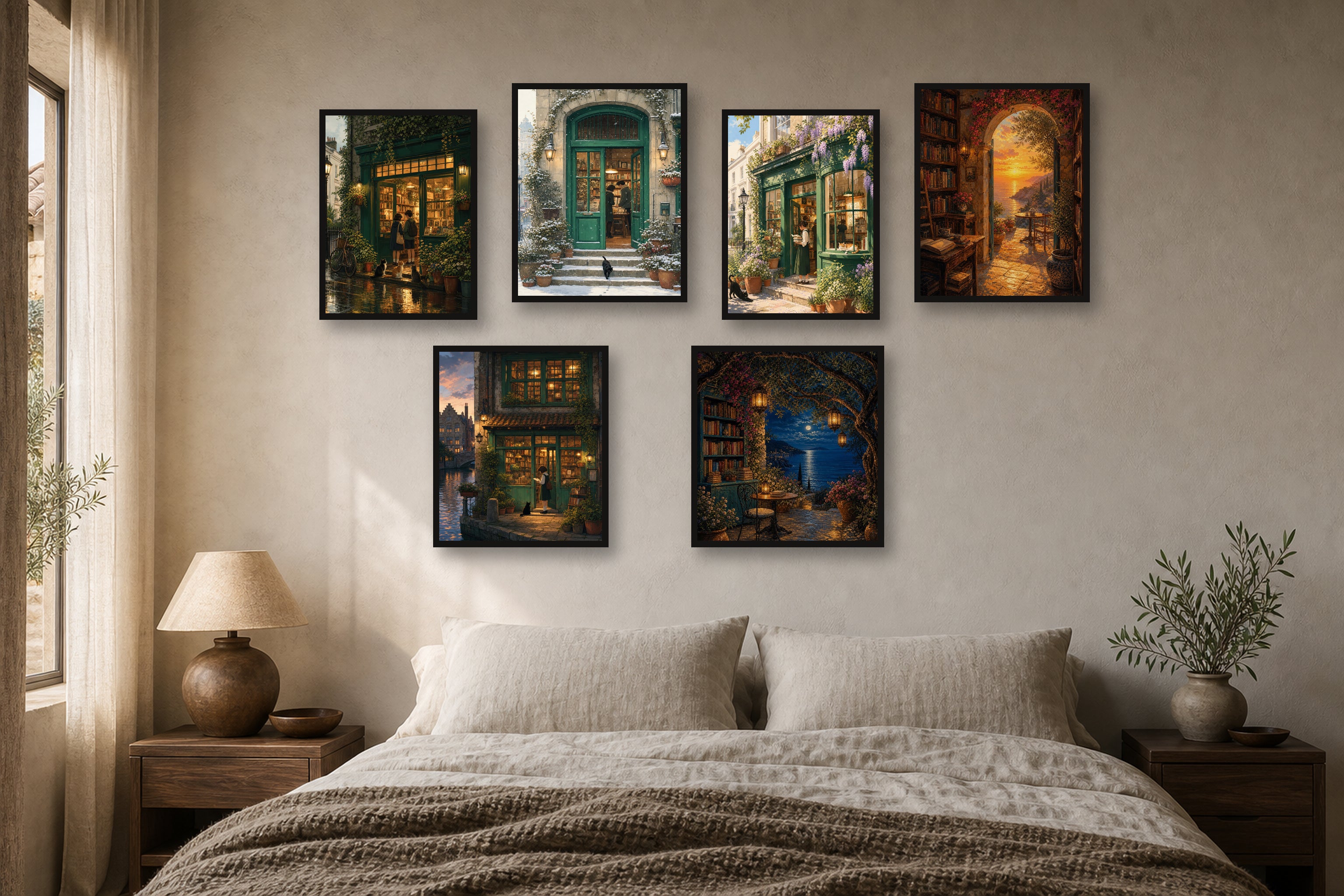 European Bookshop Bedroom gallery wall room mockup with framed Seji art prints