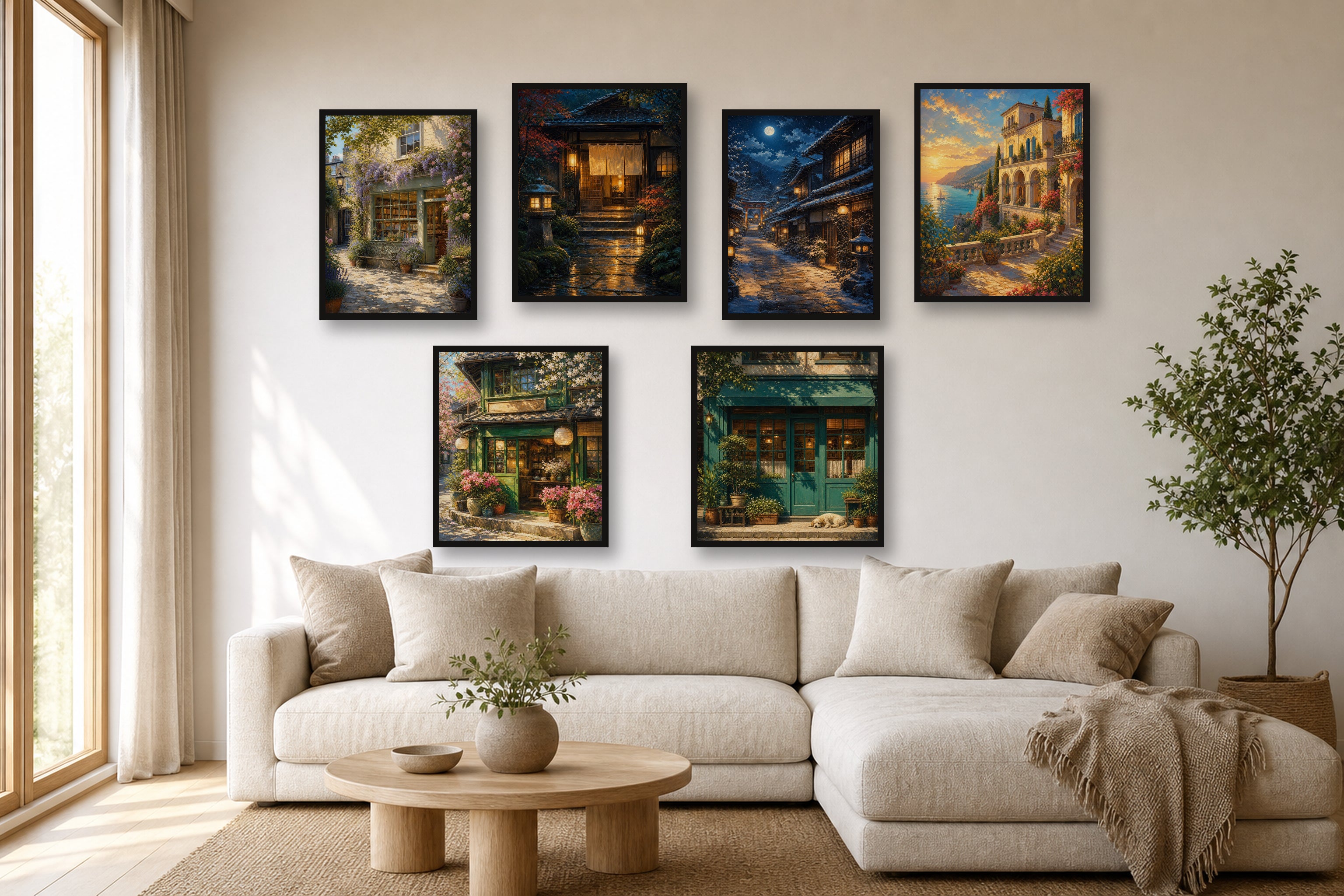 Garden Quiet gallery wall room mockup with framed Seji art prints
