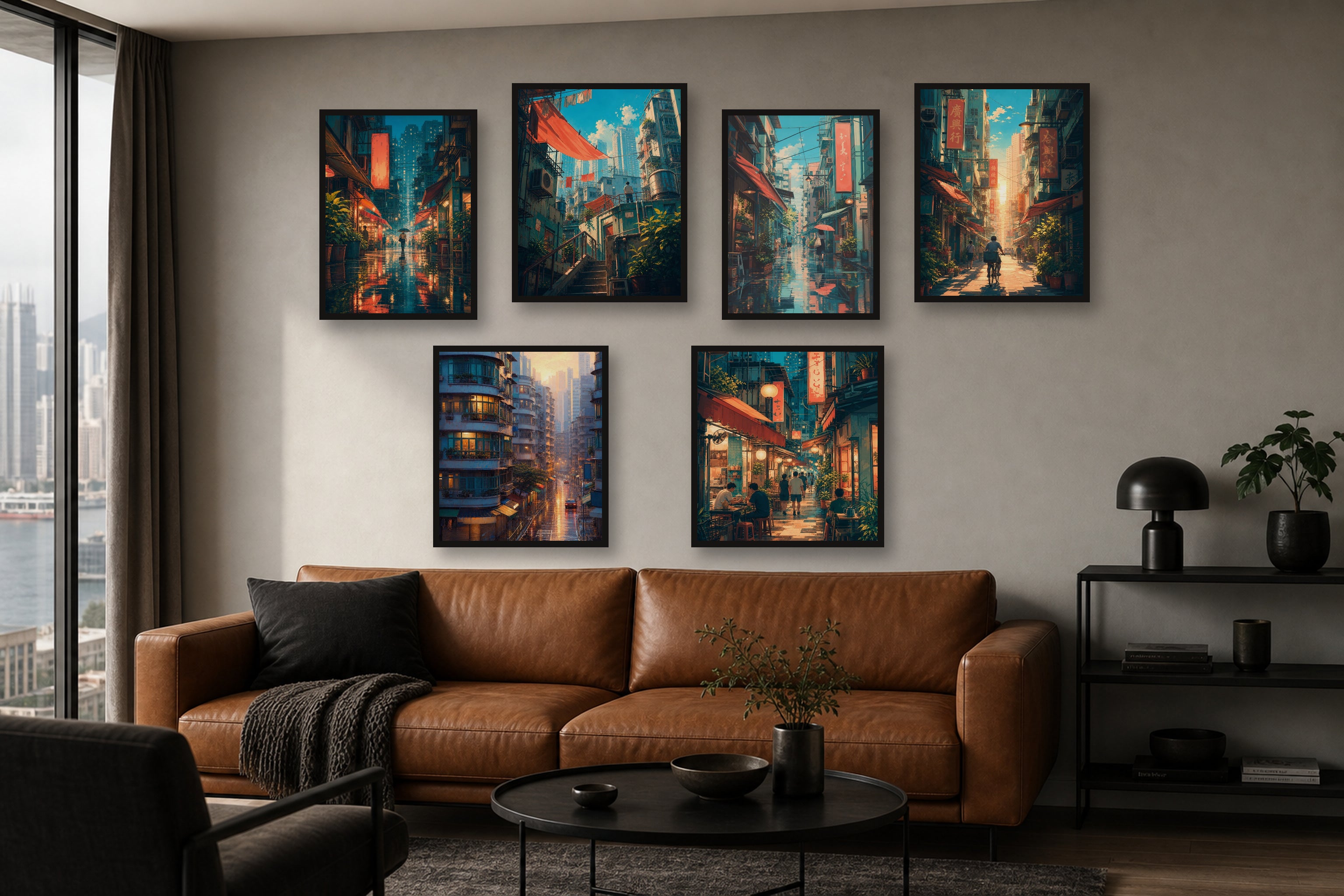Hong Kong Apartment Nights gallery wall room mockup with framed Seji art prints