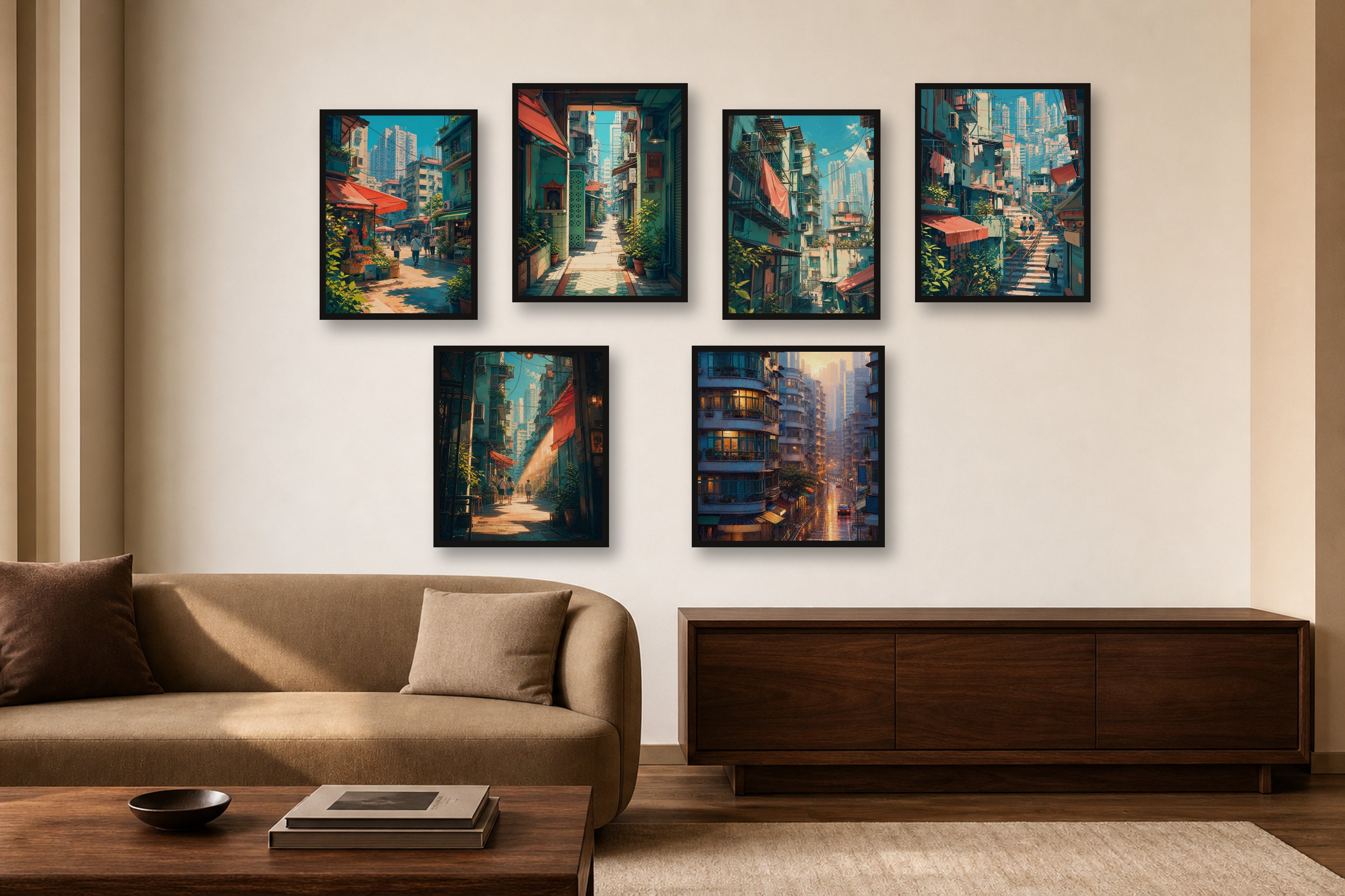 Hong Kong Daylight gallery wall room mockup with framed Seji art prints