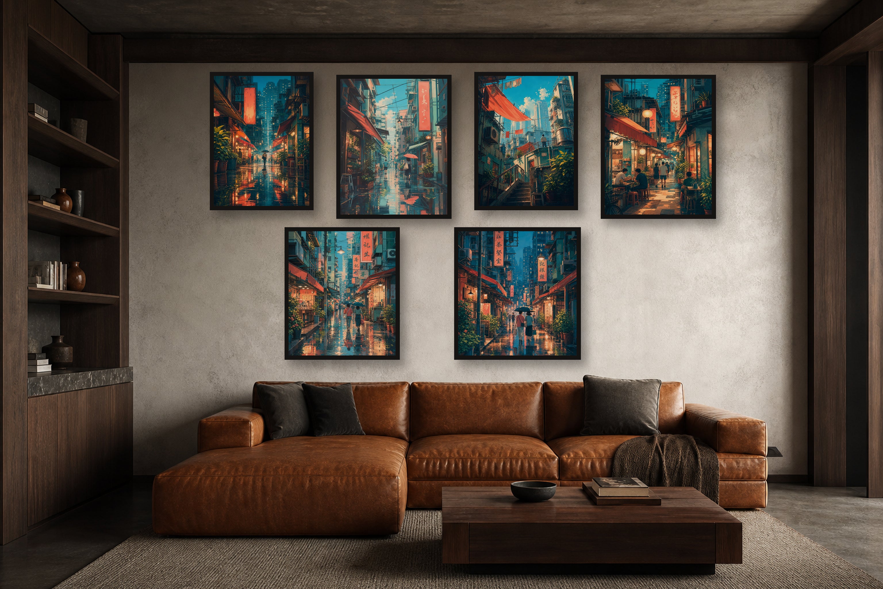 Hong Kong Rain Glass gallery wall room mockup with framed Seji art prints