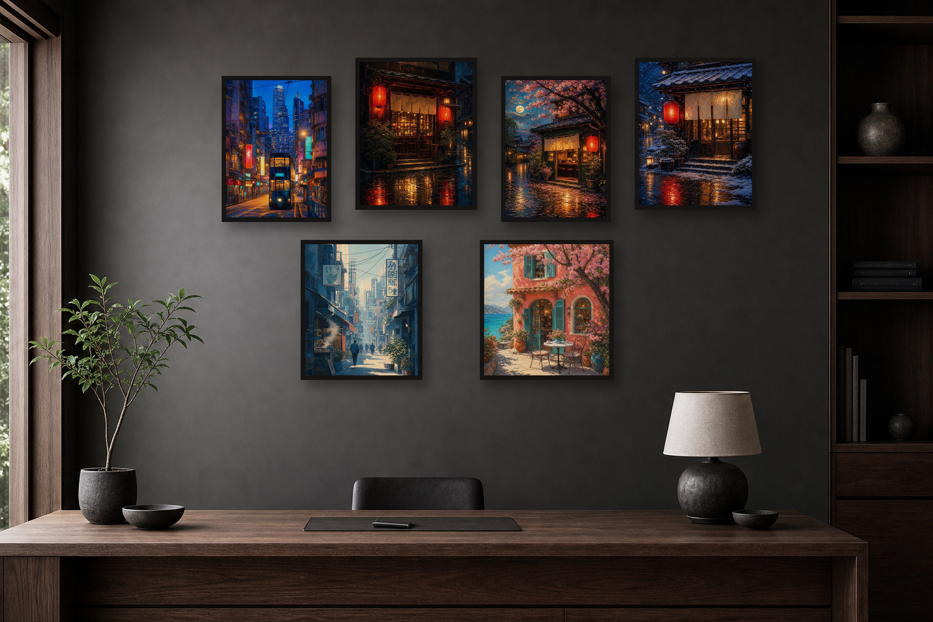 Japan Blue Hour Office gallery wall room mockup with framed Seji art prints