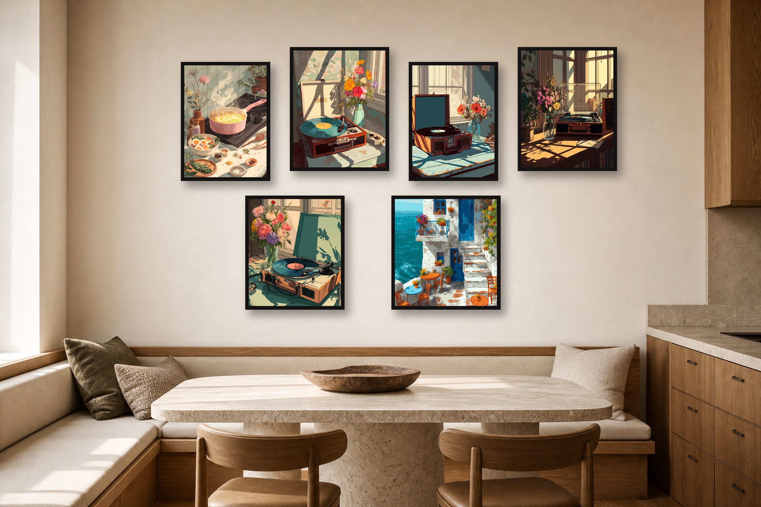 Kitchen Sunlight gallery wall room mockup with framed Seji art prints