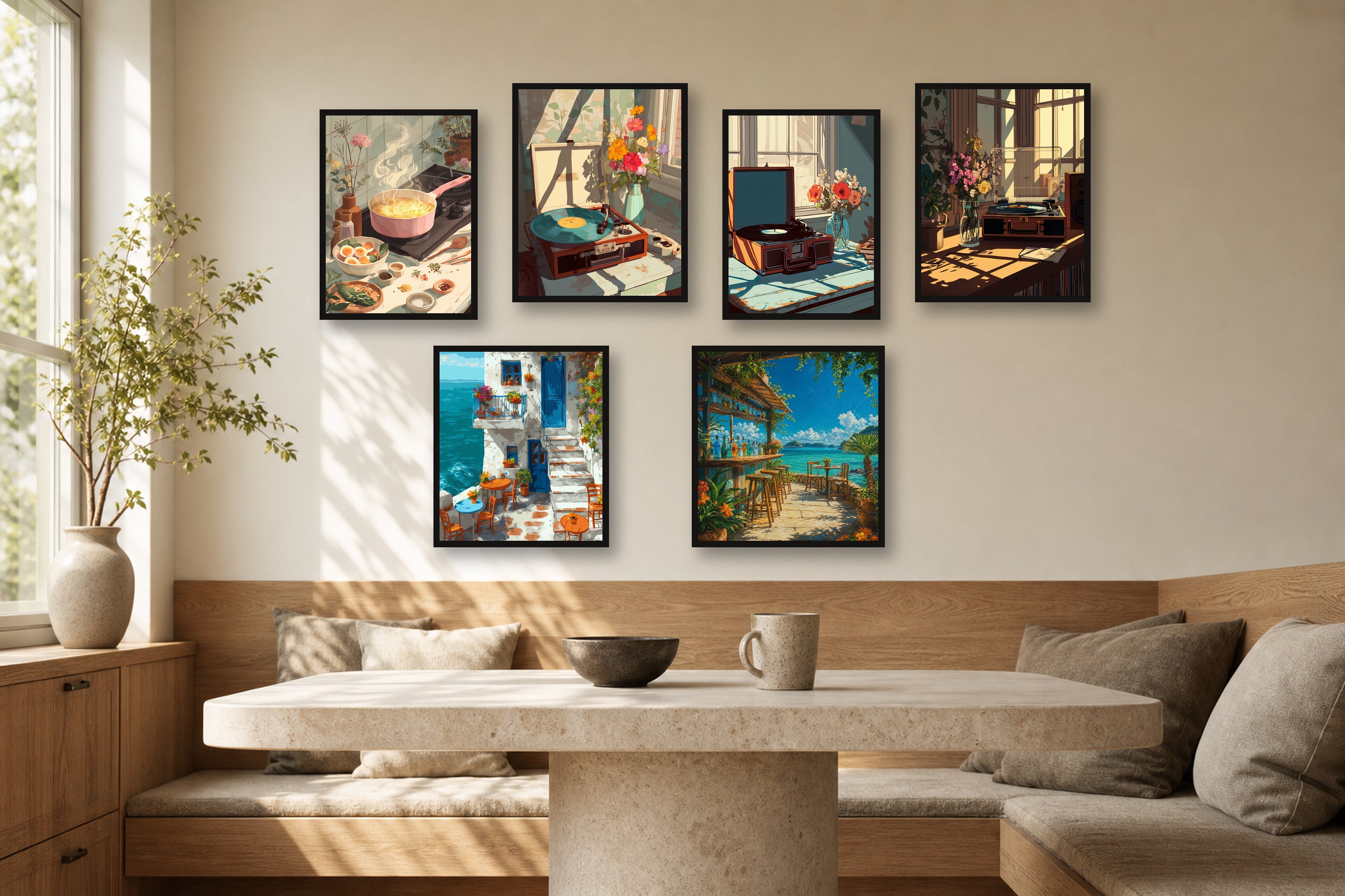 Kitchen Vinyl Sunlight gallery wall room mockup with framed Seji art prints
