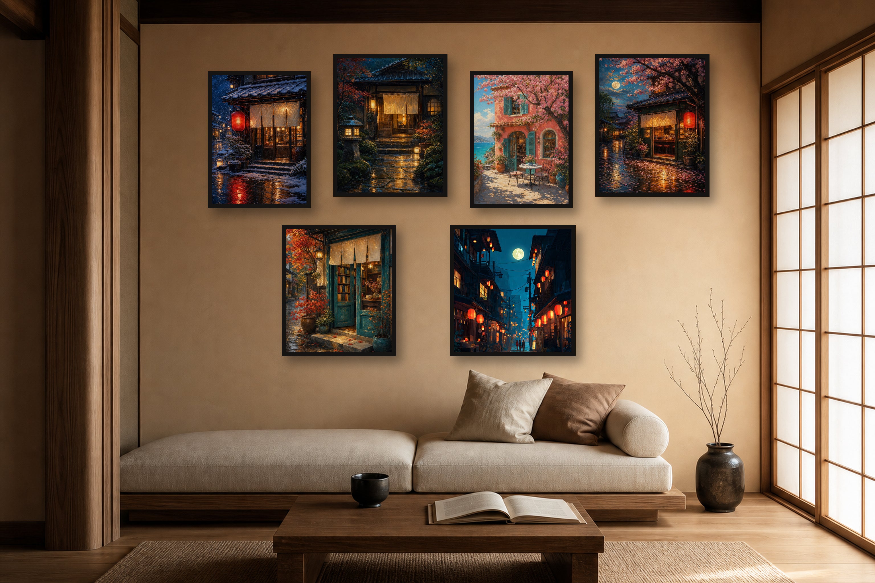 Kyoto Lantern Seasons gallery wall room mockup with framed Seji art prints