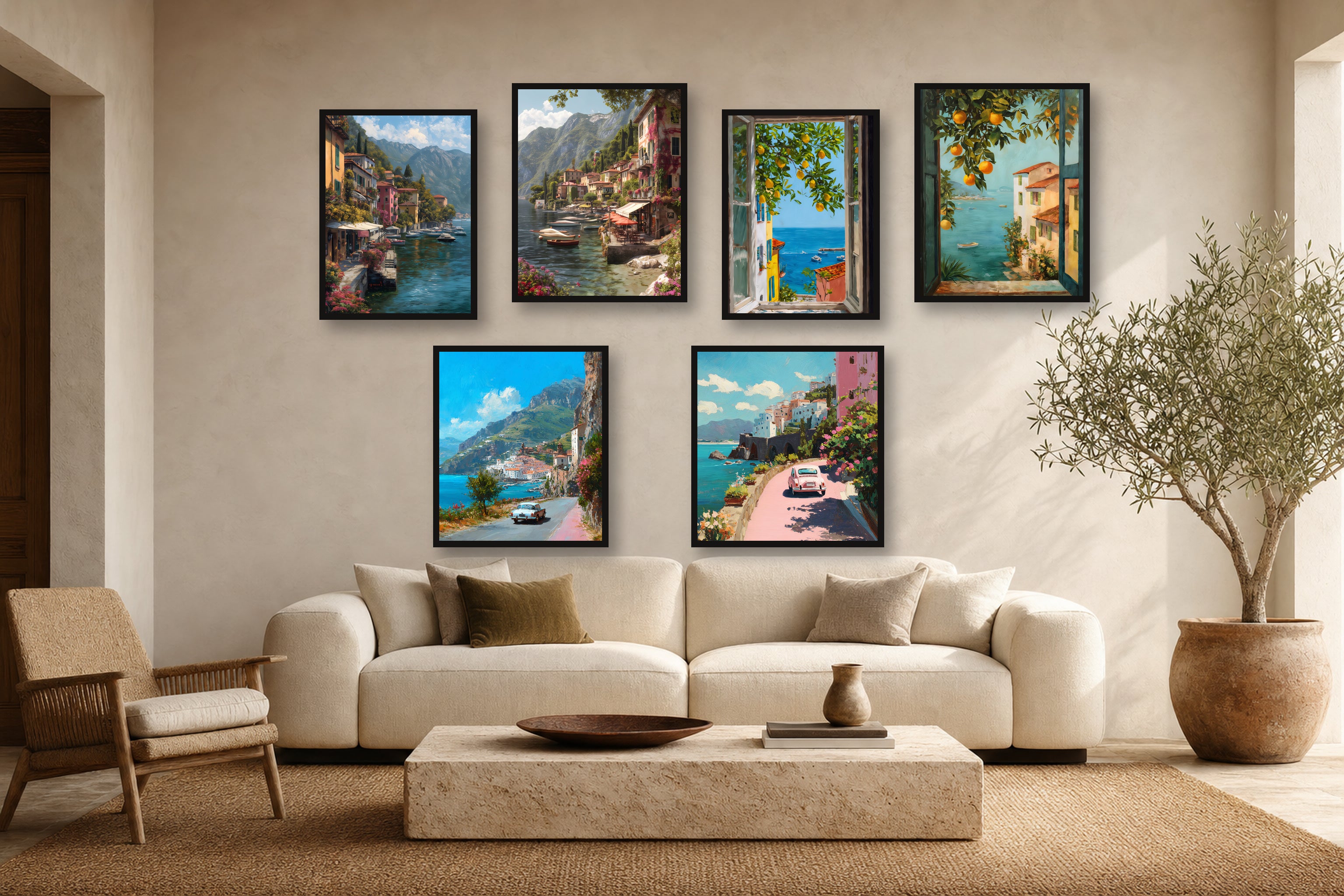 Mediterranean Daydreams gallery wall room mockup with framed Seji art prints