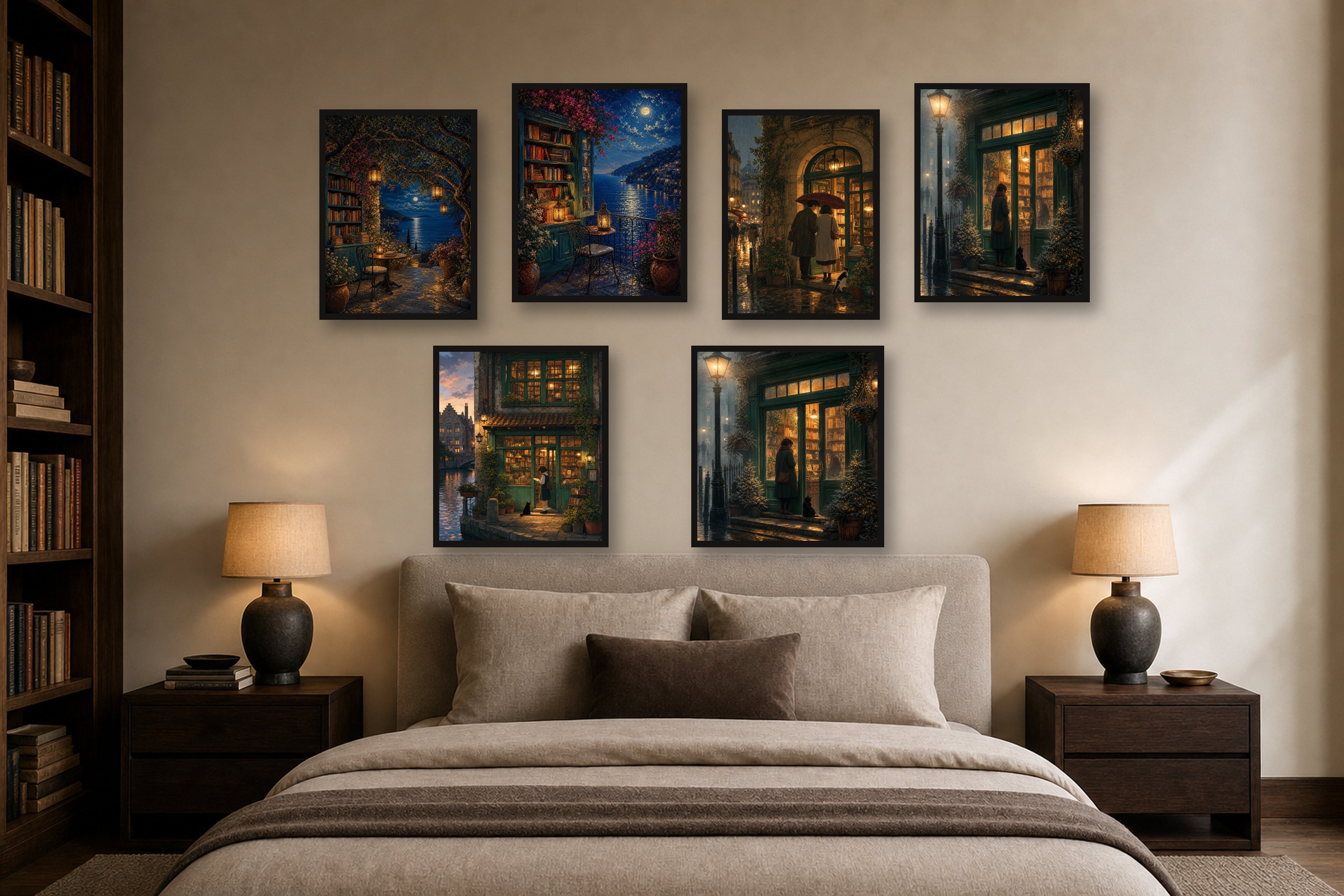 Midnight Bookshop Club gallery wall room mockup with framed Seji art prints
