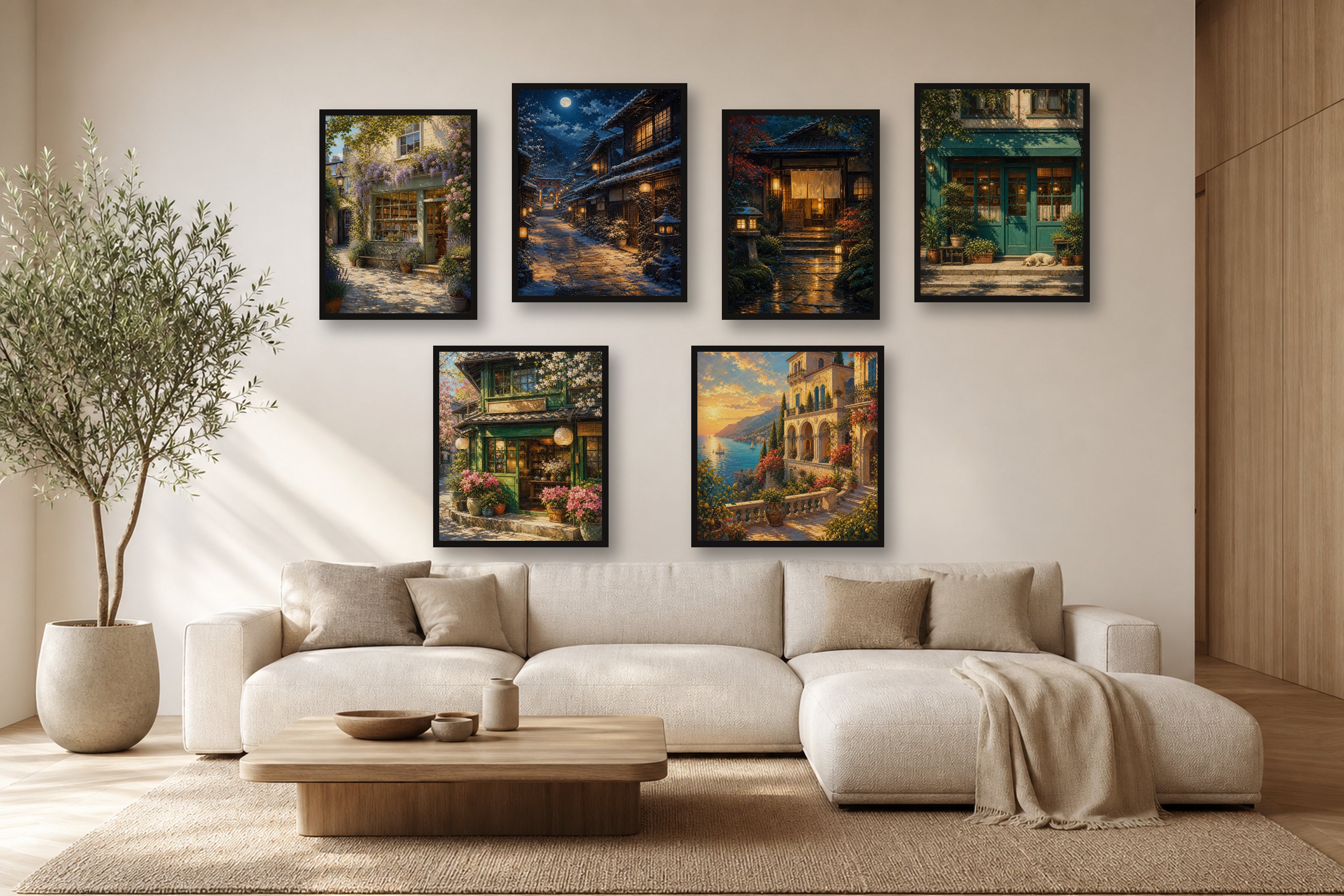 Mountain Garden Light gallery wall room mockup with framed Seji art prints
