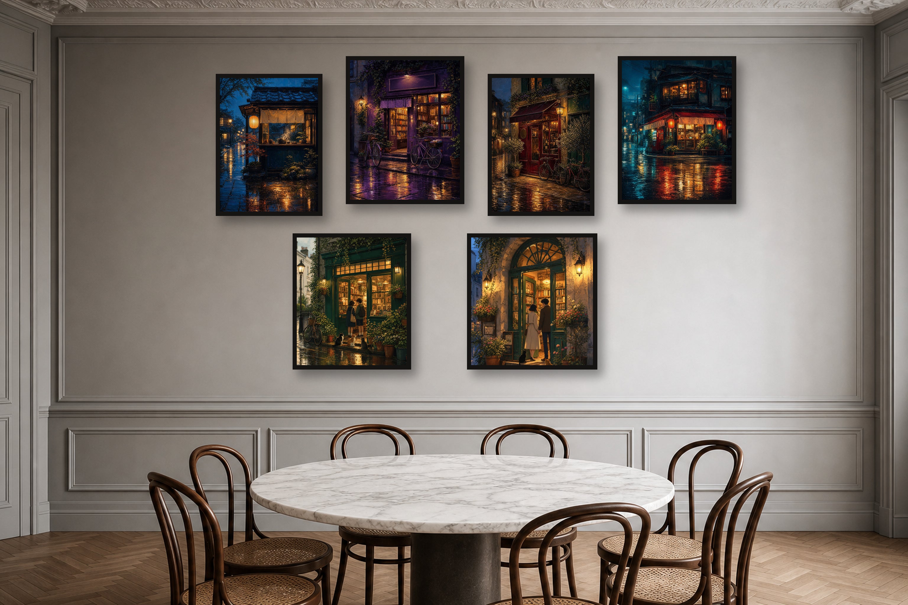 Paris Cafe Rain gallery wall room mockup with framed Seji art prints