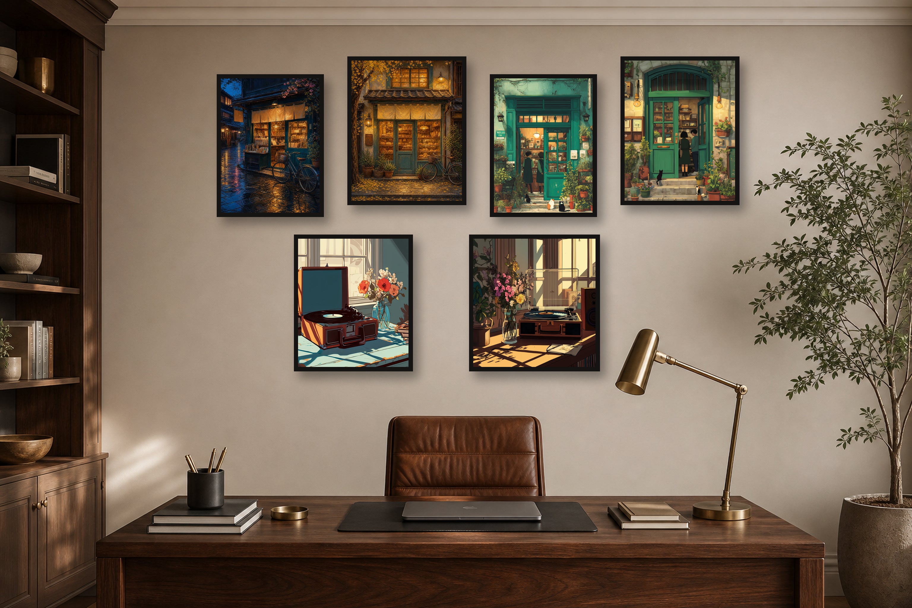 Quiet Desk Light gallery wall room mockup with framed Seji art prints