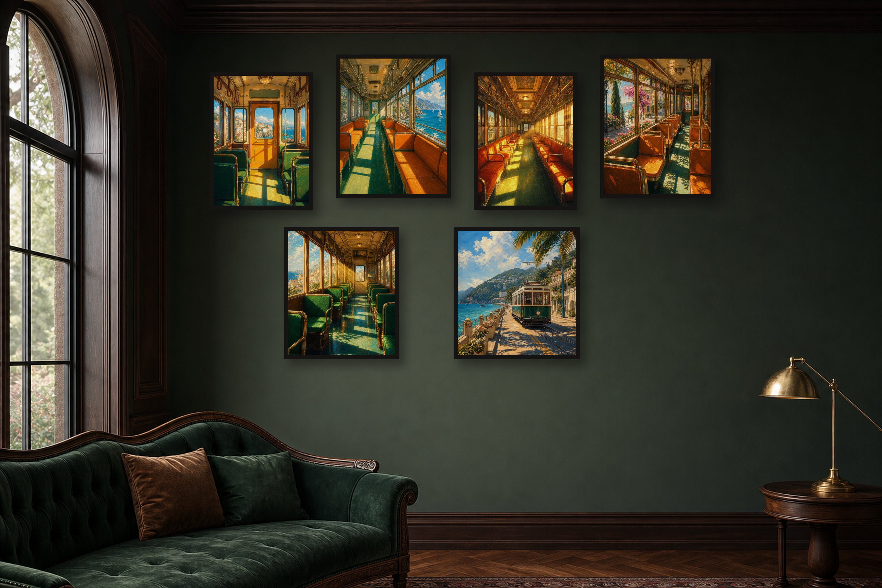 Railway Reading Room gallery wall room mockup with framed Seji art prints