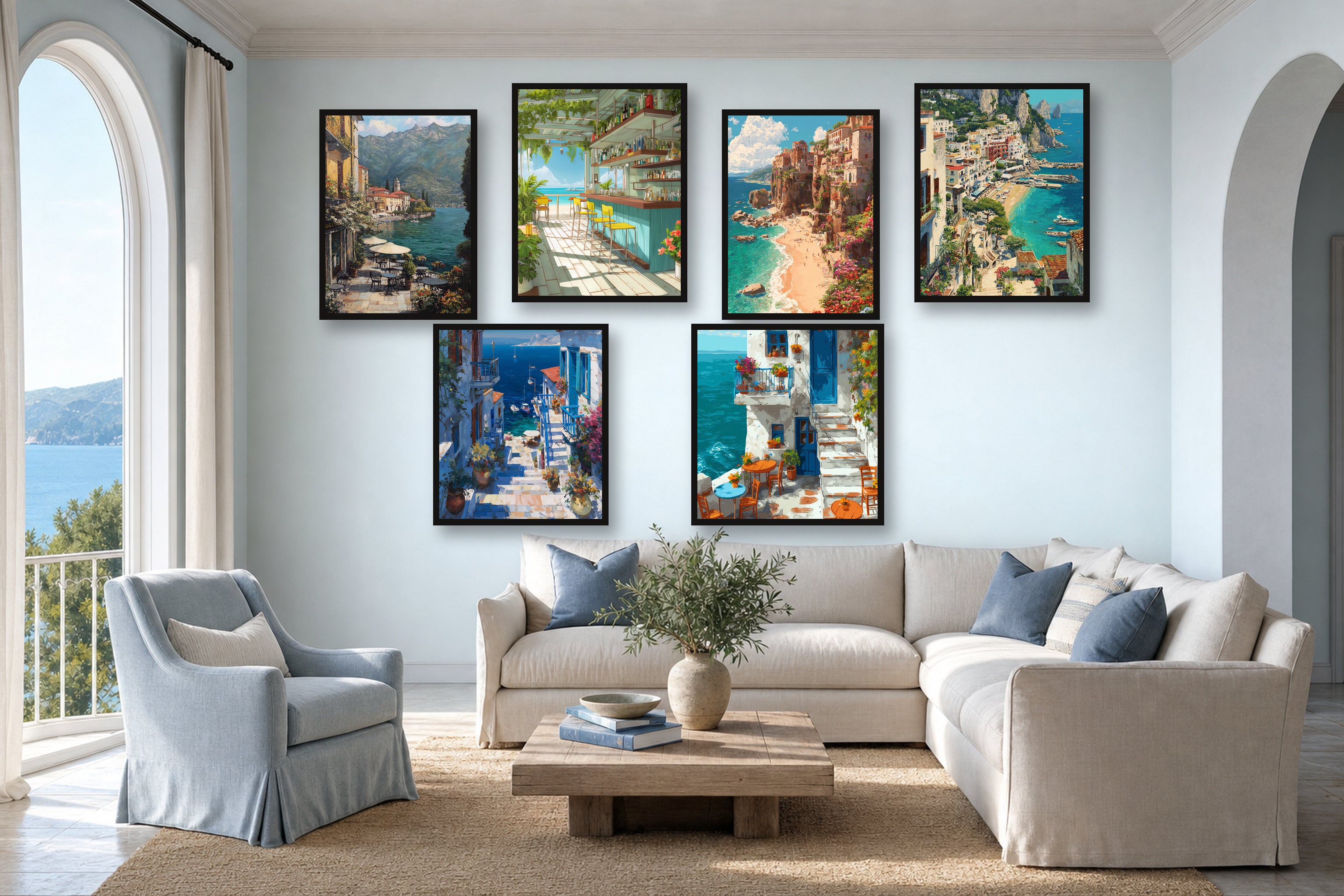 Riviera Light gallery wall room mockup with framed Seji art prints