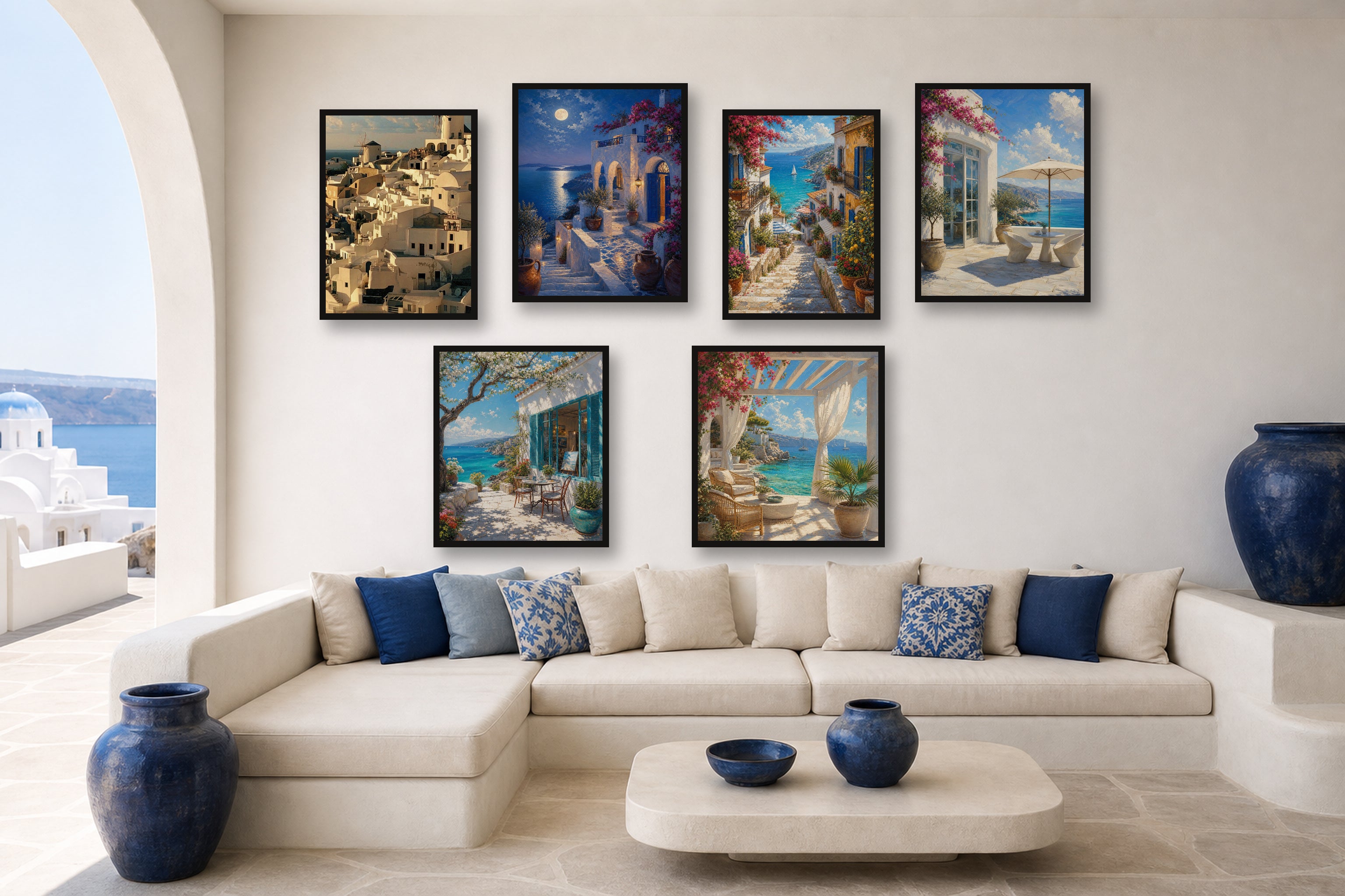 Santorini White & Blue gallery wall room mockup with framed Seji art prints