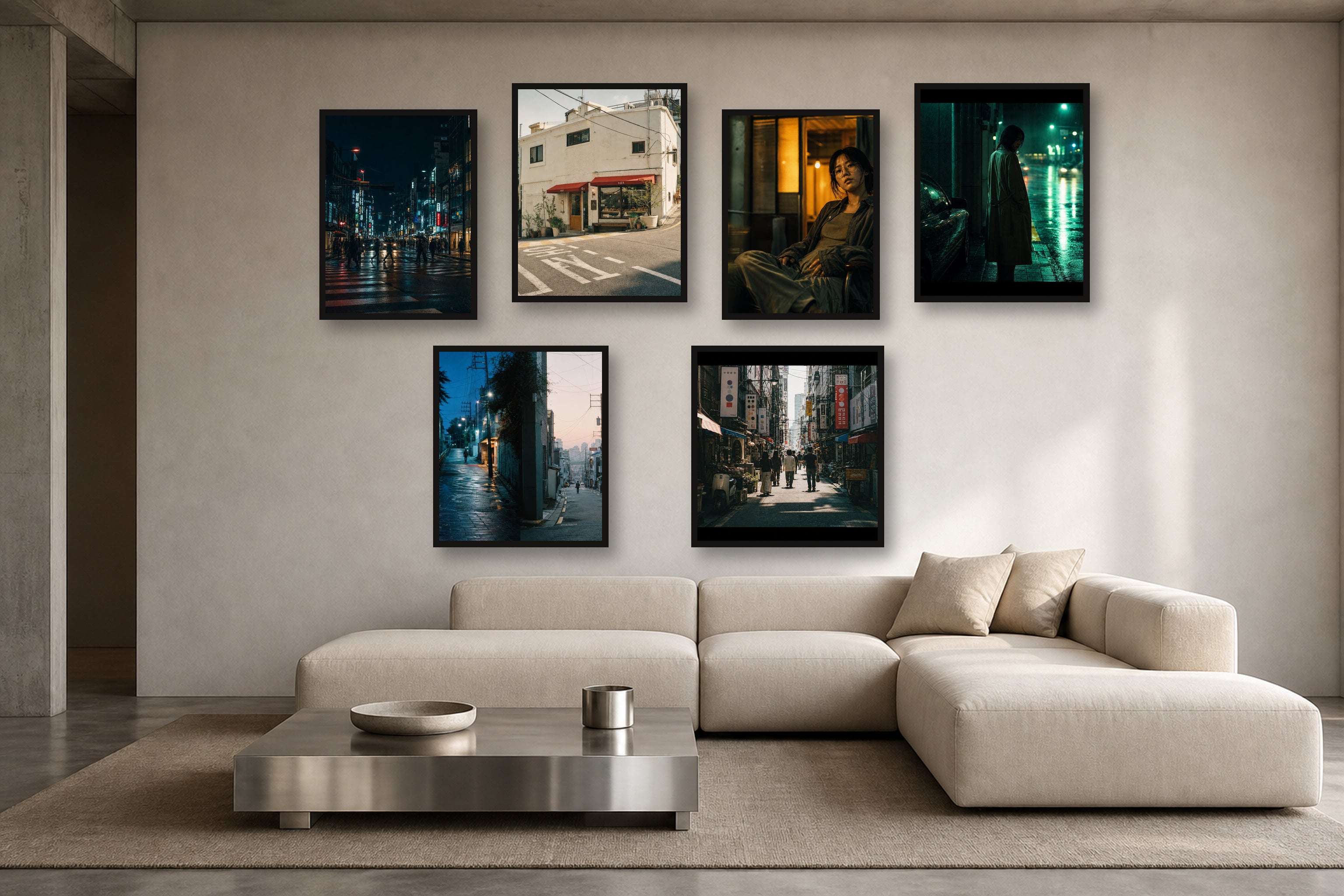 Seoul Cinema Apartment gallery wall room mockup with framed Seji art prints